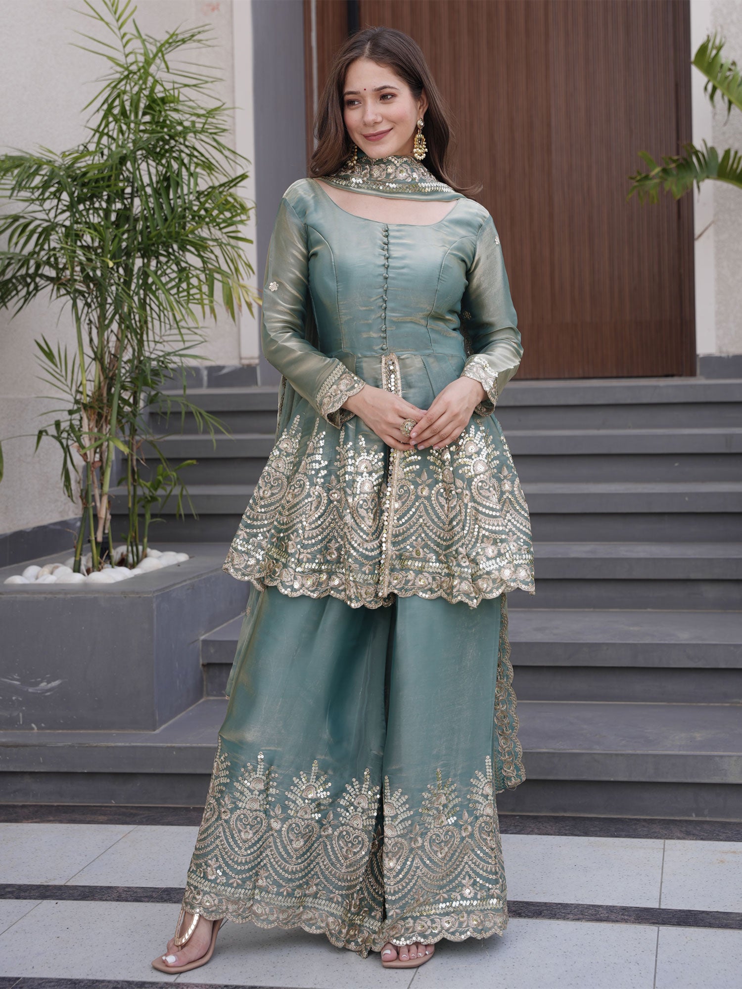 Blue Mirror Work Augmented Palazzo Suit