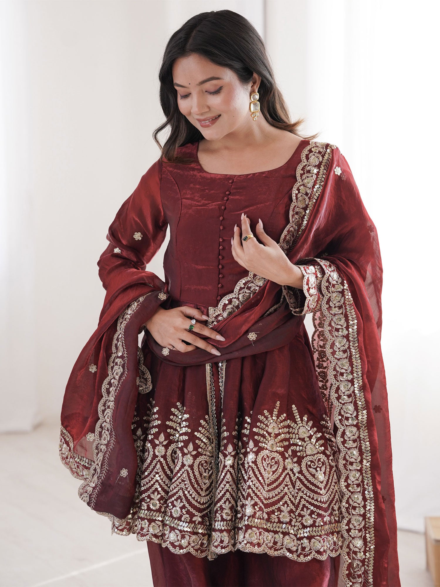 Maroon Readymade Embroidered Palazzo Style Suit