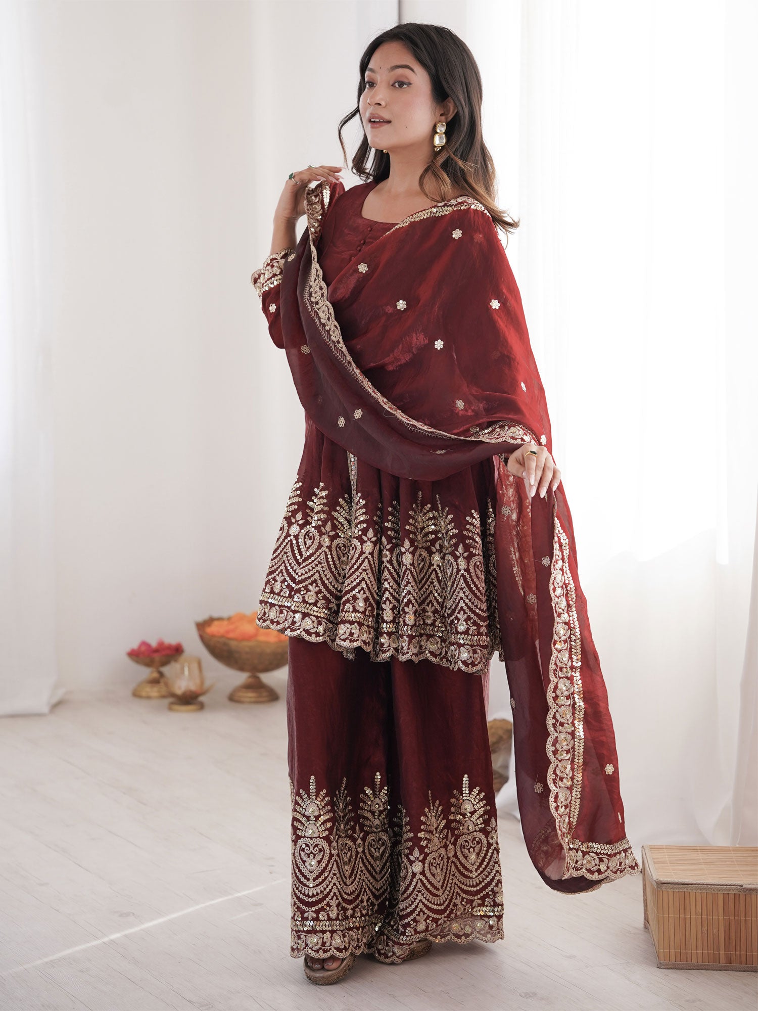 Maroon Readymade Embroidered Palazzo Style Suit