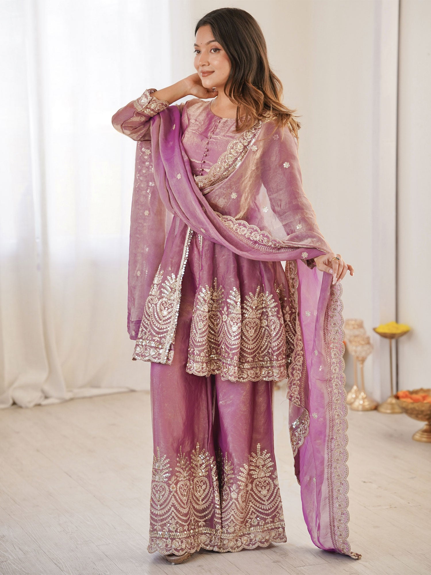 Lilac Full Sleeved Zari Work Salwar Suit