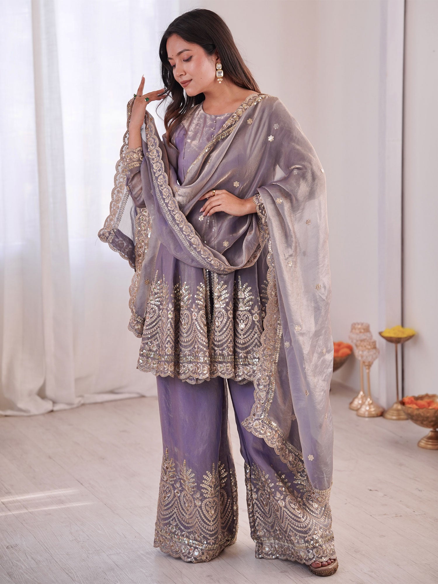 Light Purple Embroidered Salwar Suit In Silk