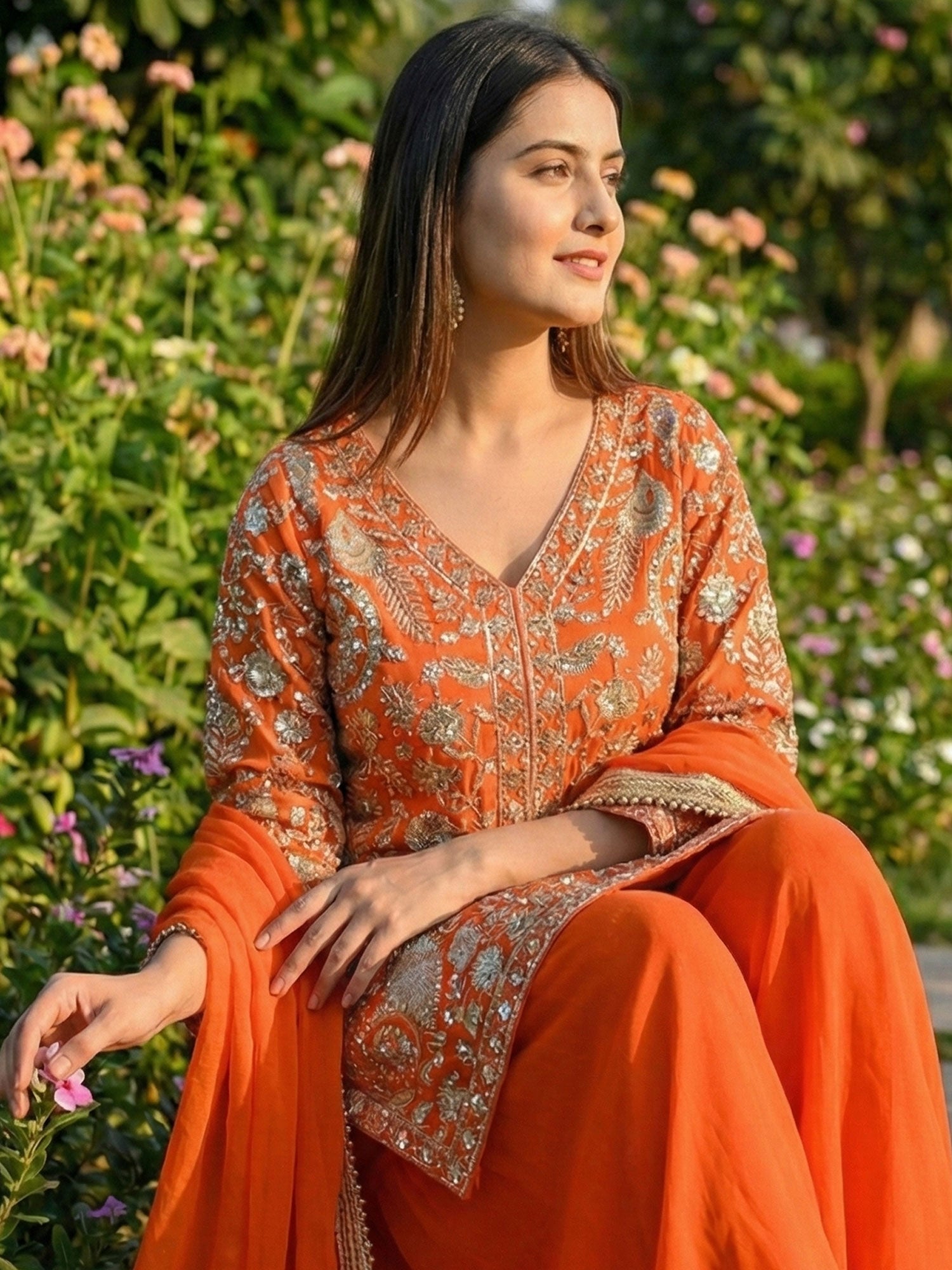 Orange Zari Work Embroidered Palazzo Suit