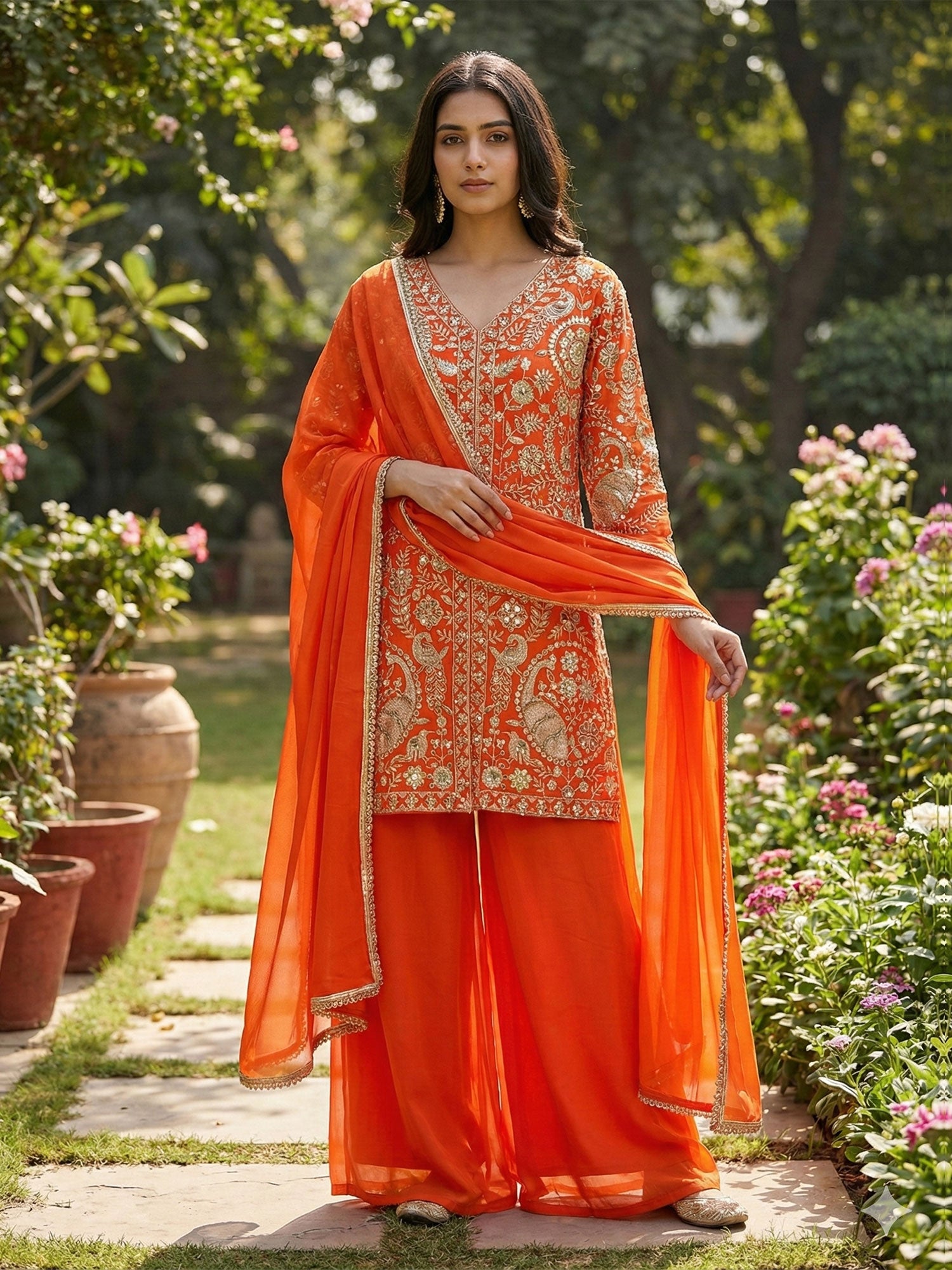 Orange Zari Work Embroidered Palazzo Suit