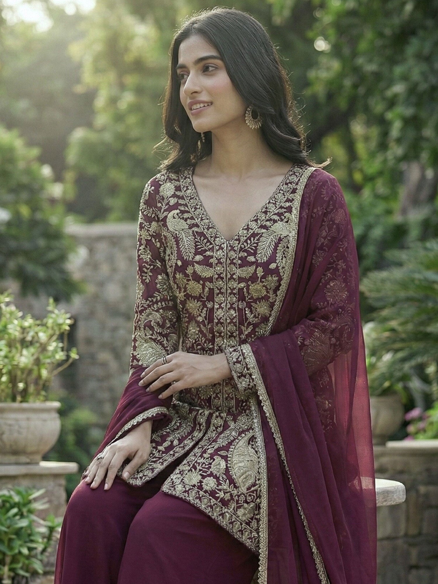 Wine Heavy Zari Embroidered Salwar Suit