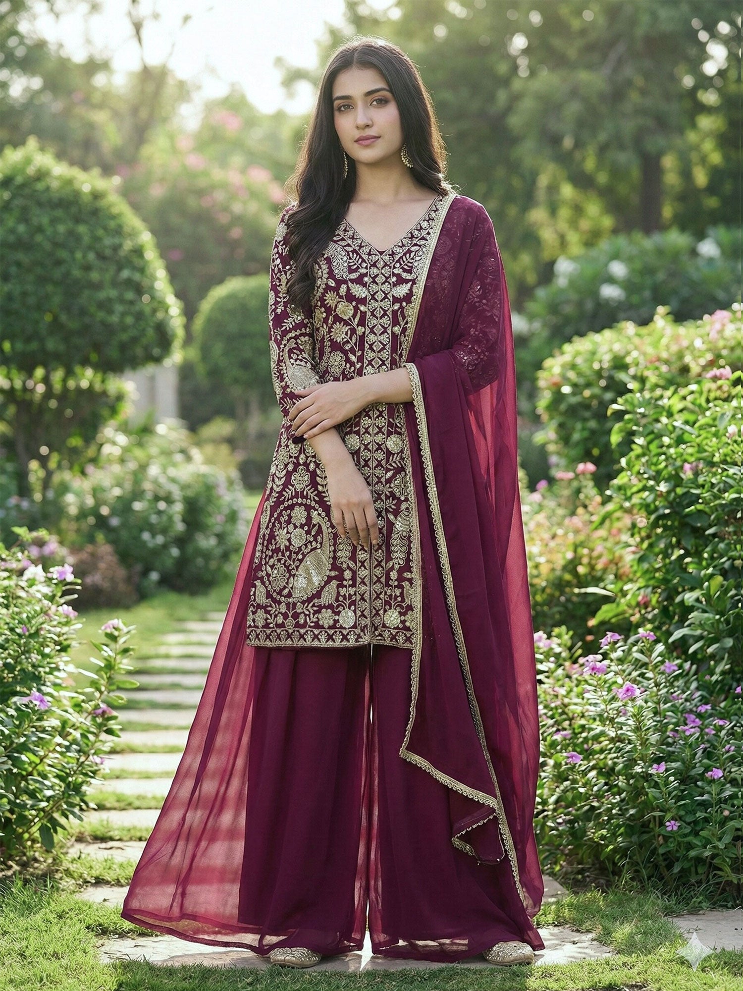 Wine Heavy Zari Embroidered Salwar Suit