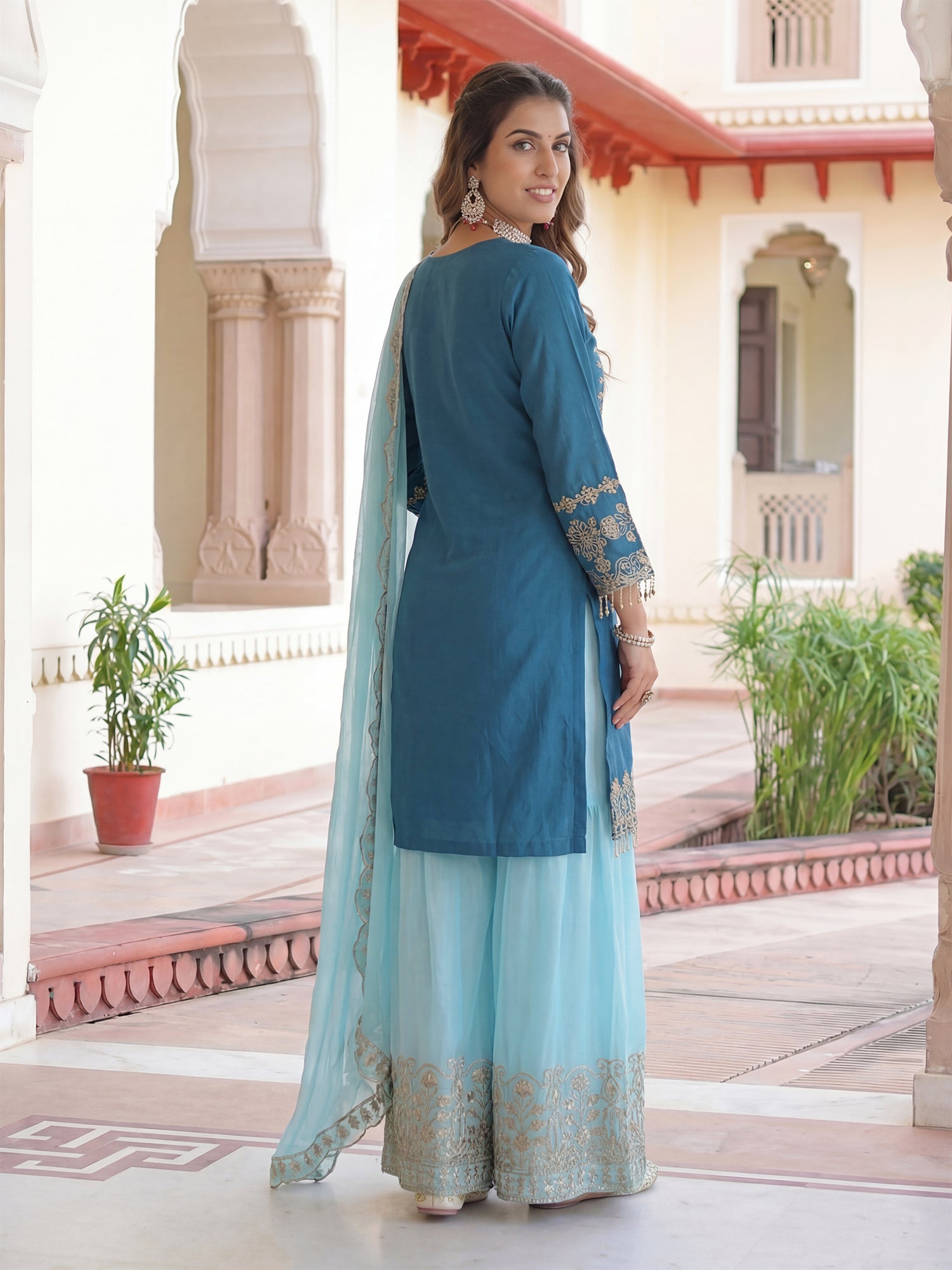 Royal Blue Zari Work Palazzo Style Suit In Silk