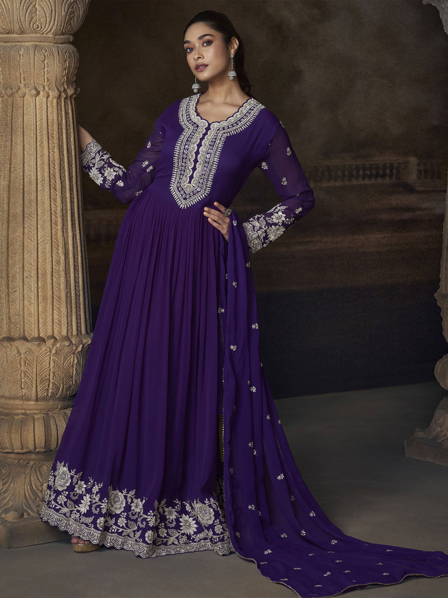 Blue Floral Work Embroidered Anarkali Suit