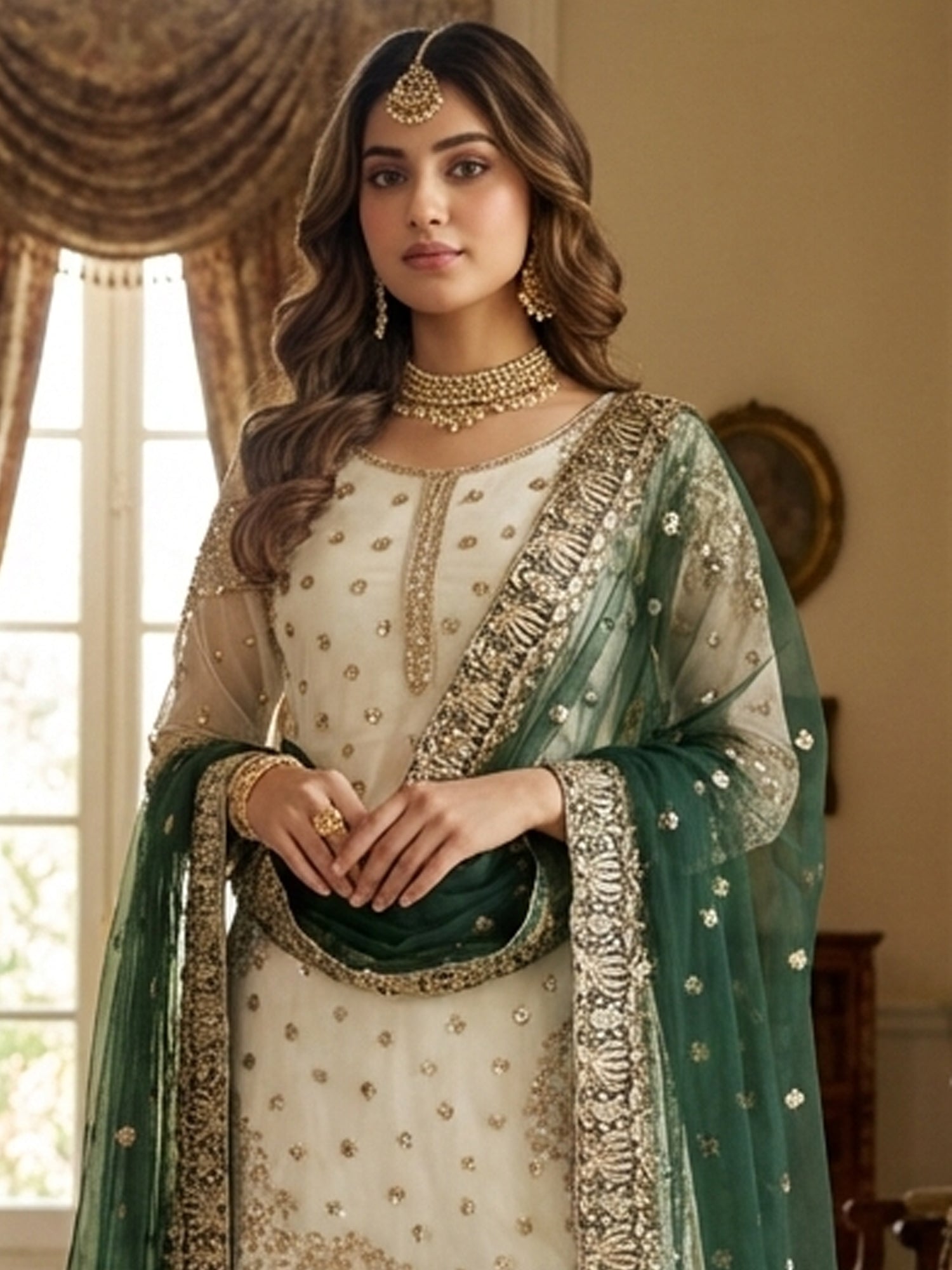 Cream Pakistani Style Salwar Suit With Dupatta