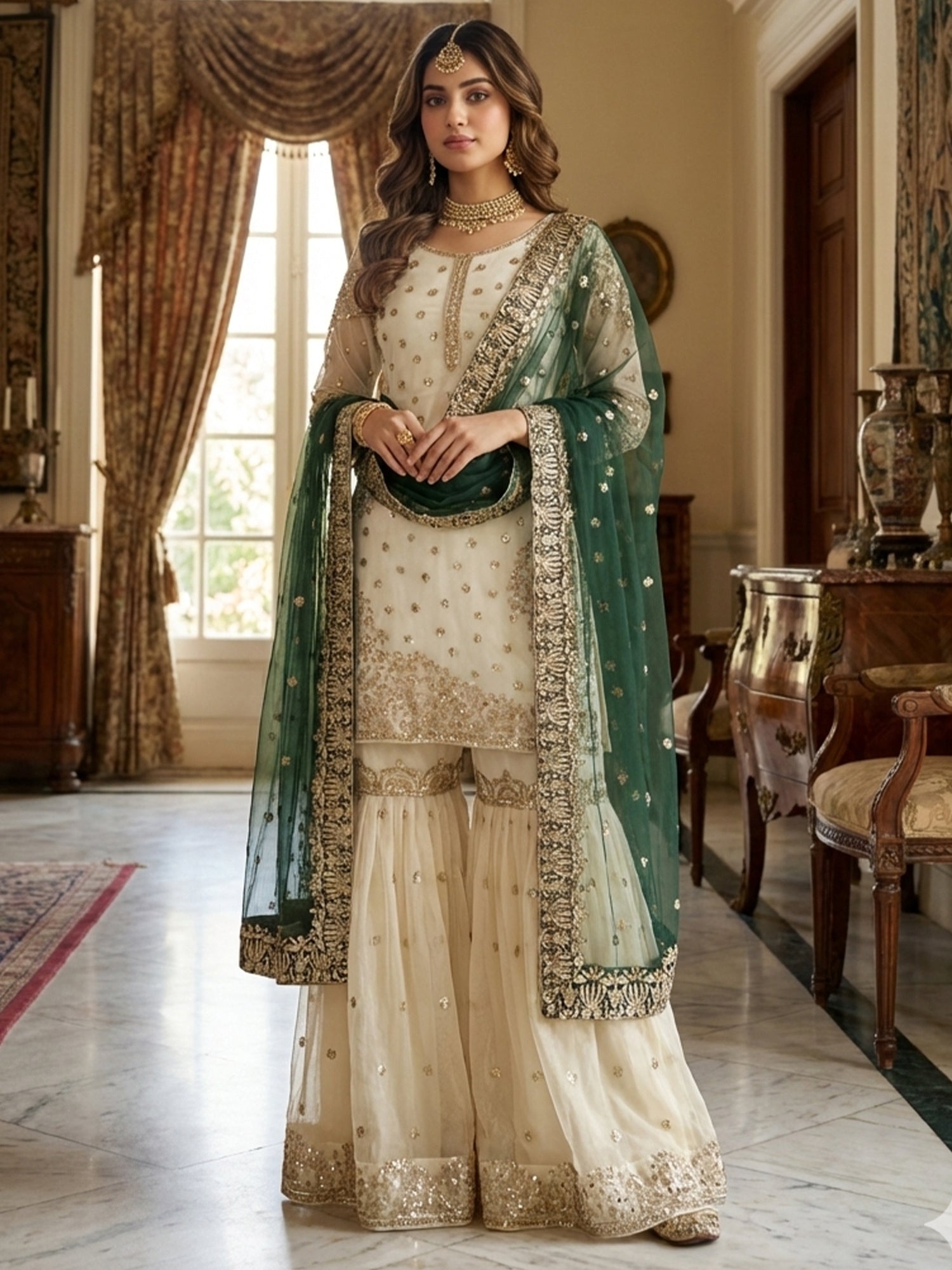 Cream Pakistani Style Salwar Suit With Dupatta