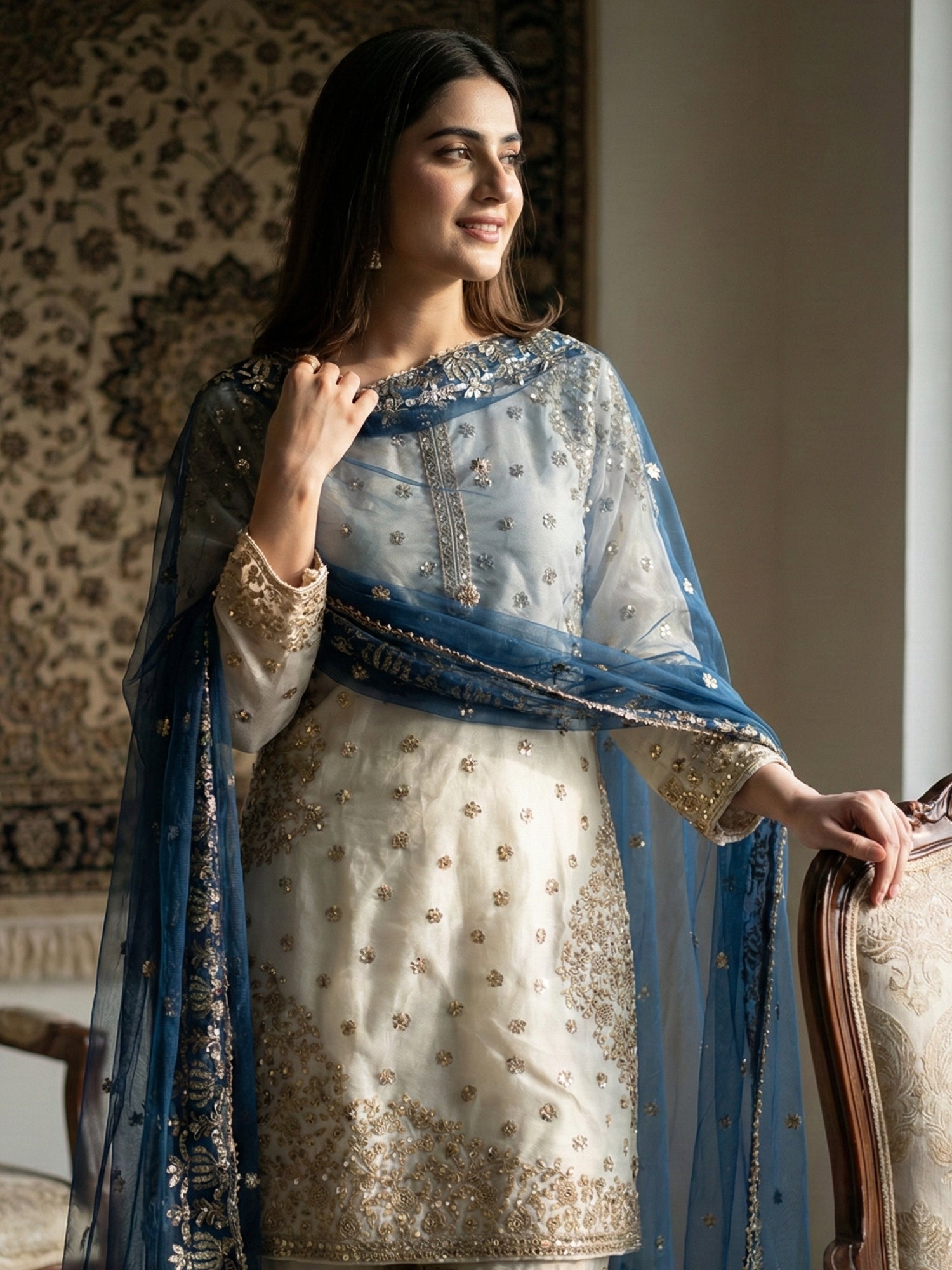 Cream Heavy Zari Embellished Salwar Kameez