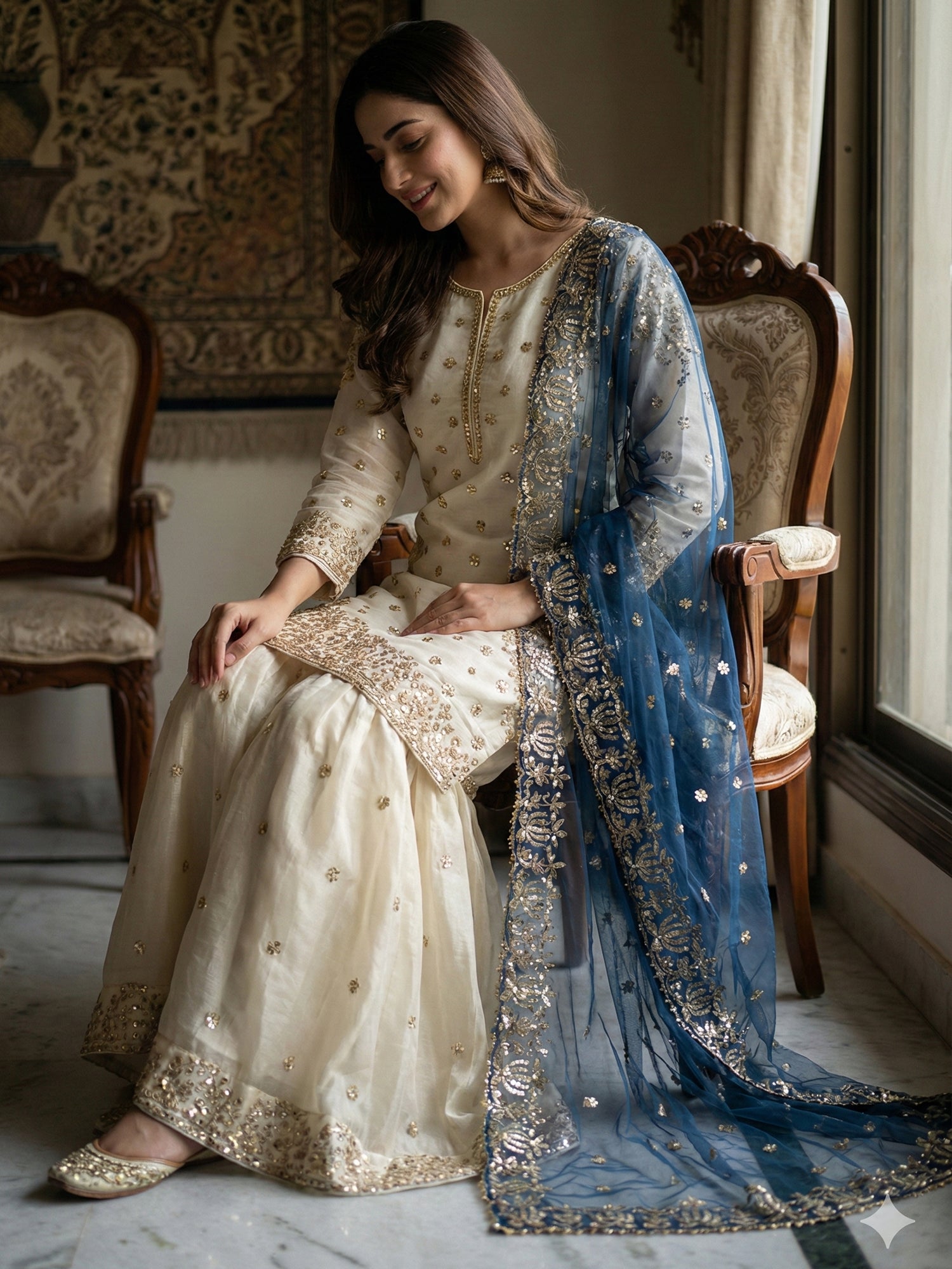 Cream Heavy Zari Embellished Salwar Kameez