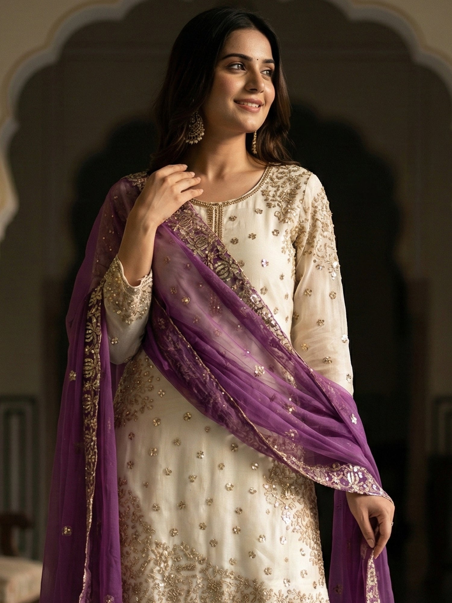 Cream Readymade Pakistani Suit In Sharara Style