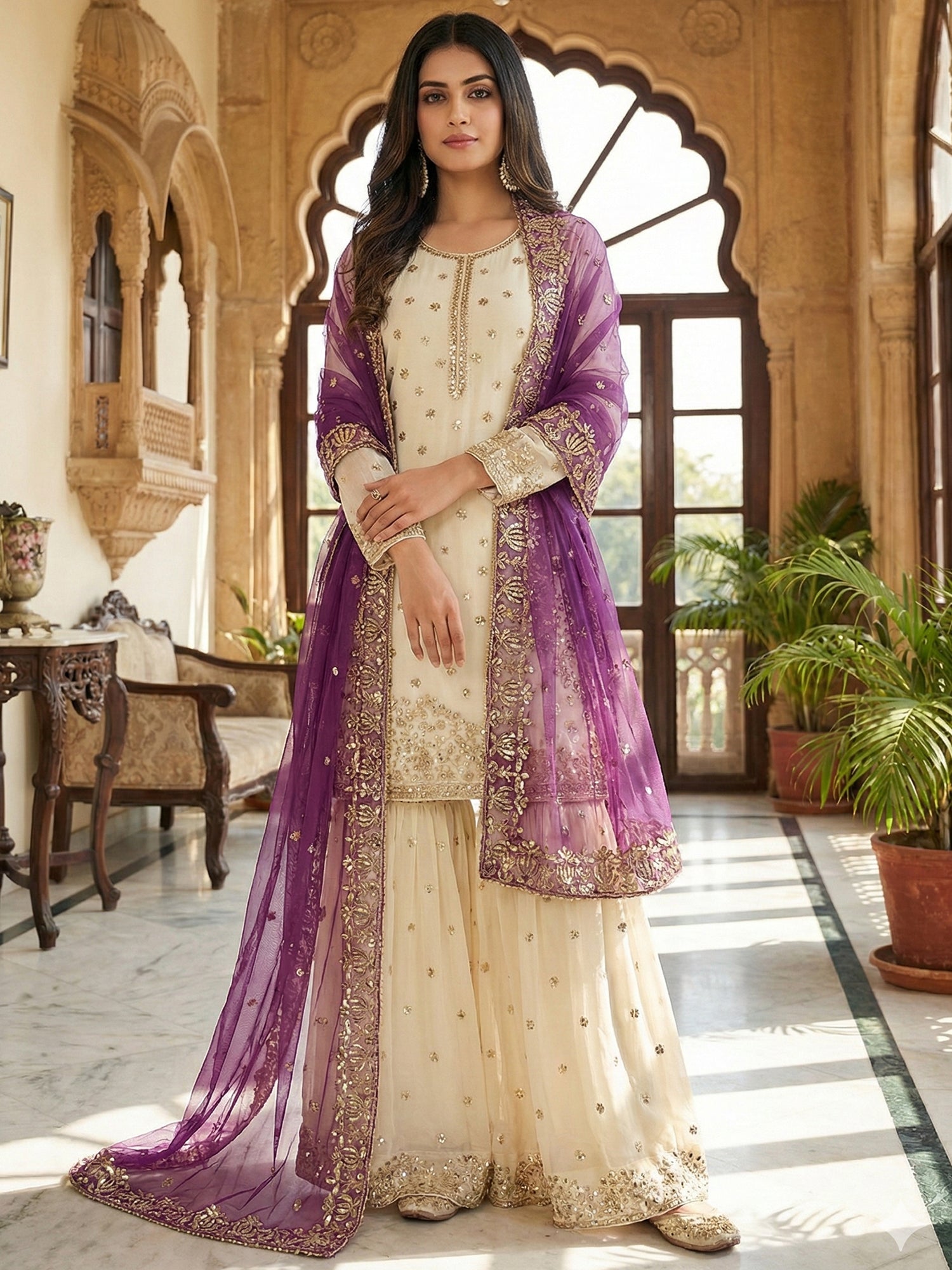 Cream Readymade Pakistani Suit In Sharara Style