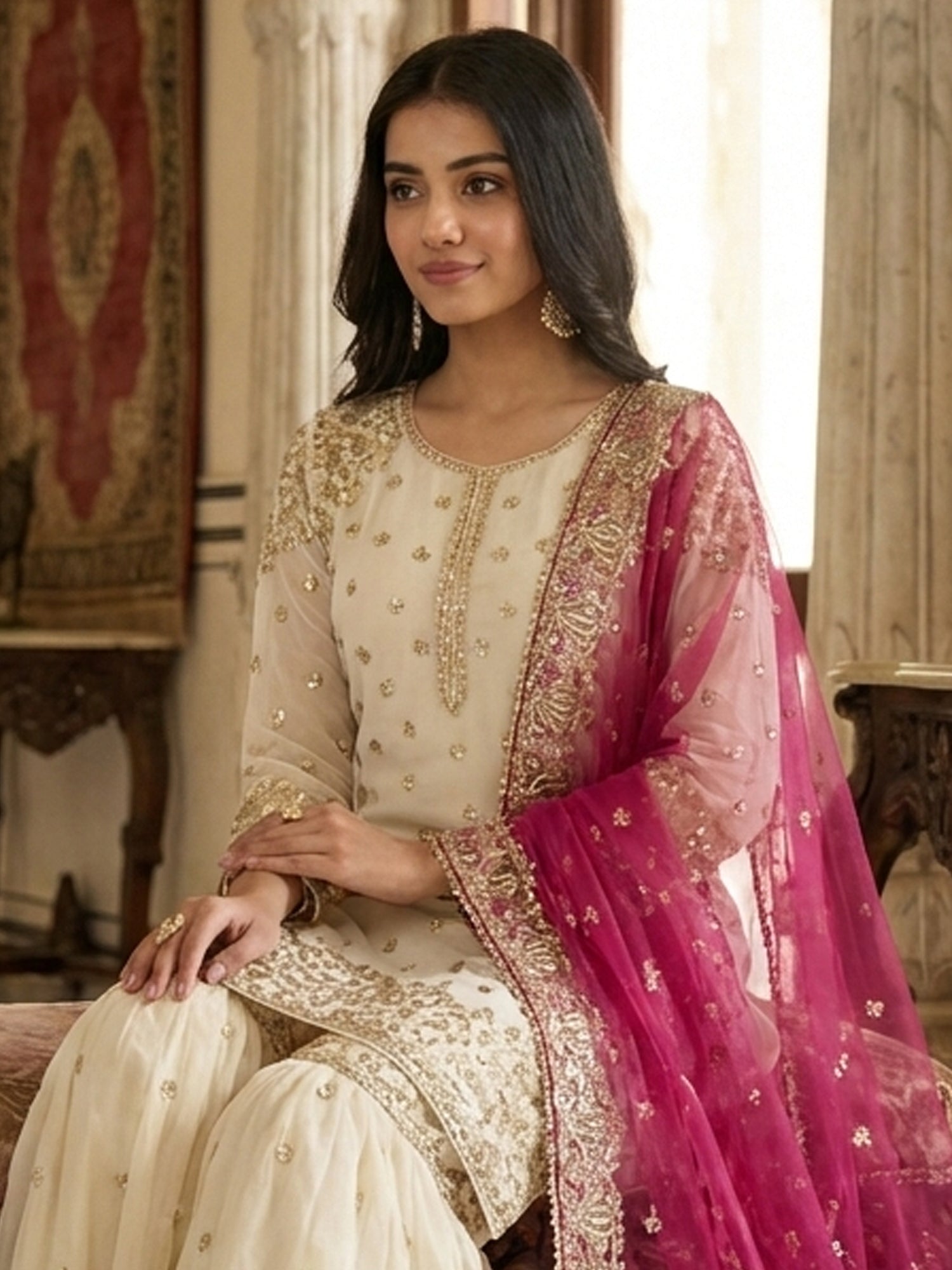 Cream Sequins Work Salwar Suit In Sharara Style