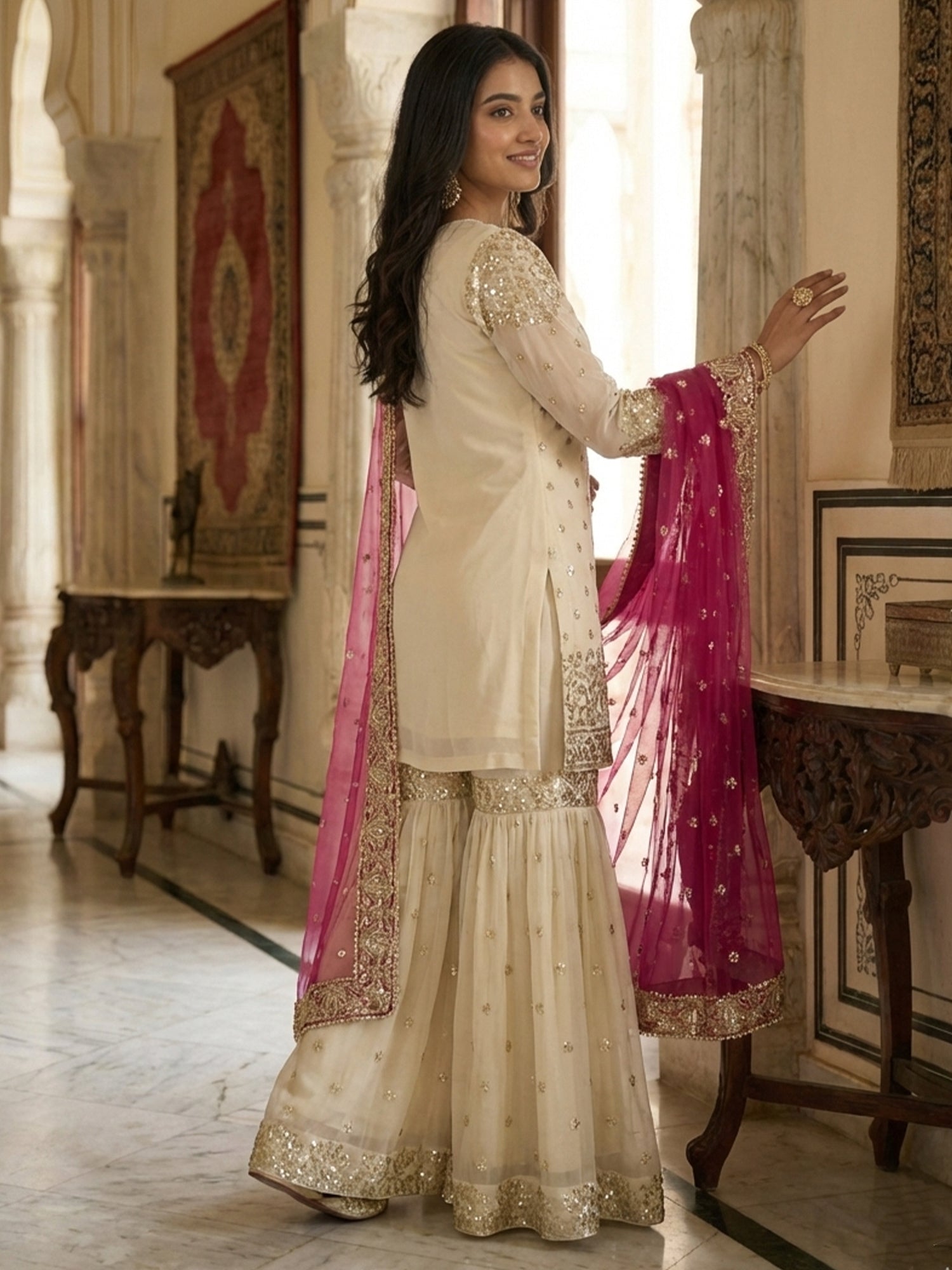 Cream Sequins Work Salwar Suit In Sharara Style