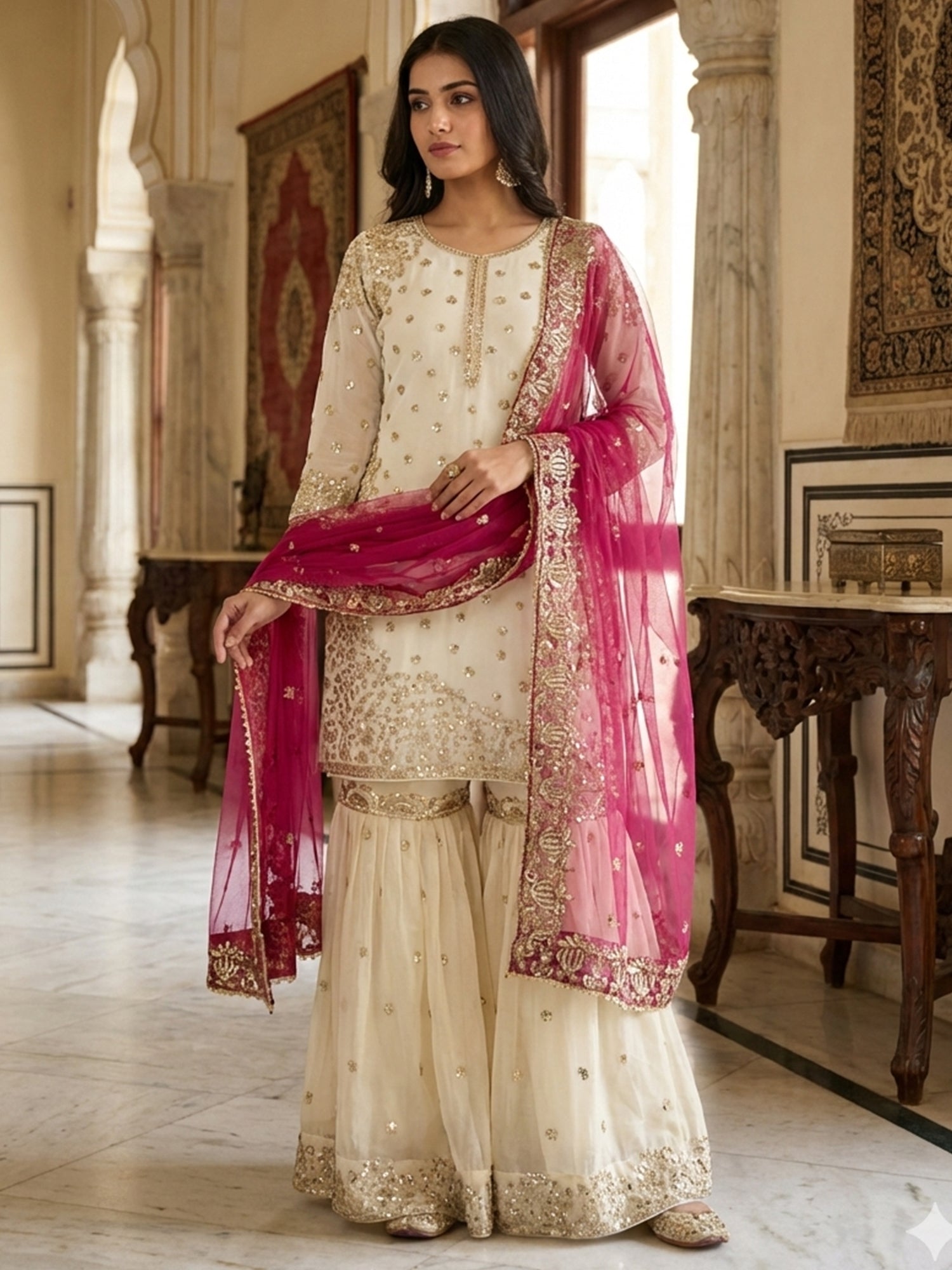 Cream Sequins Work Salwar Suit In Sharara Style
