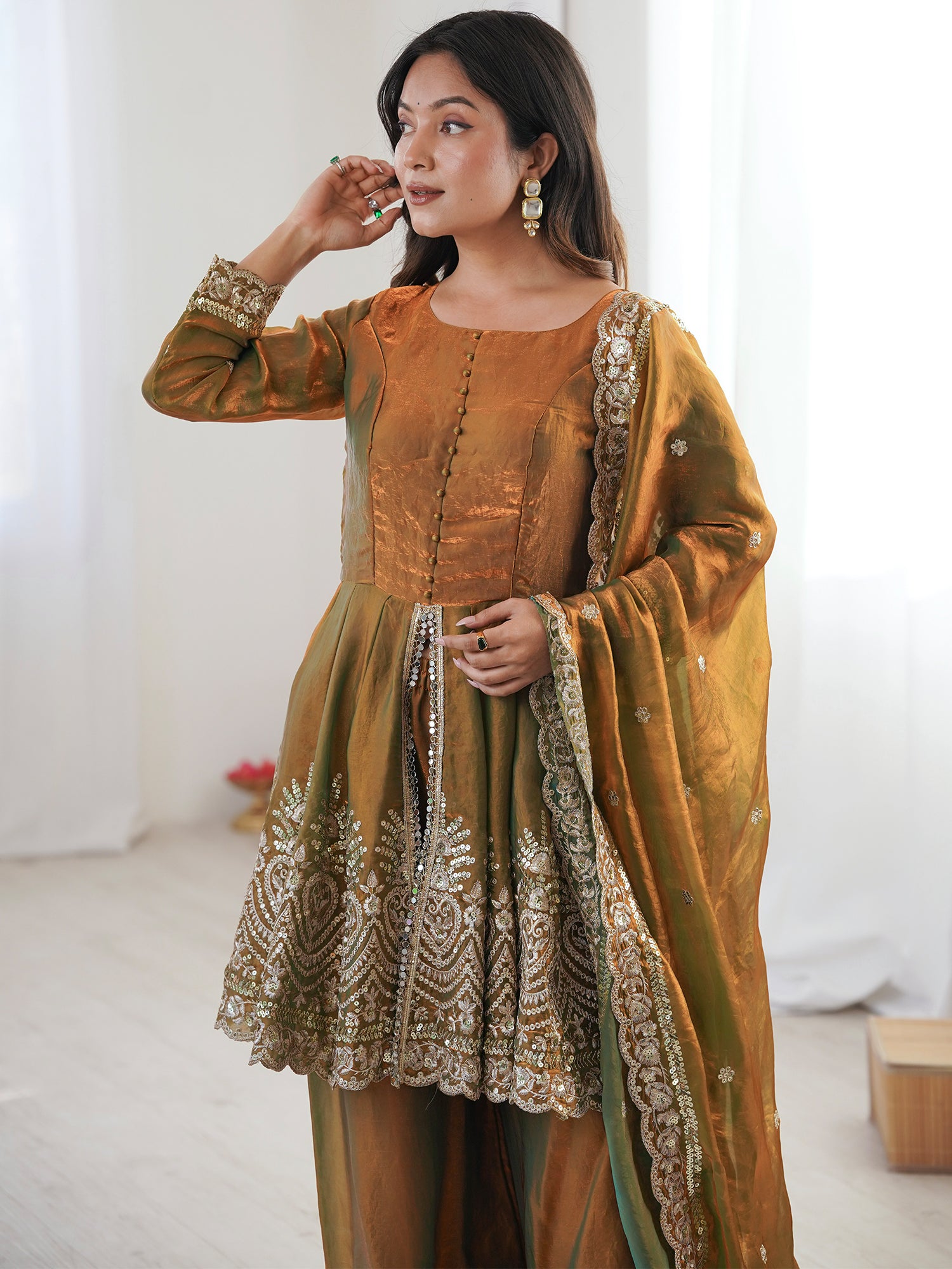 Brown Silk Salwar Suit With Flare Kameez