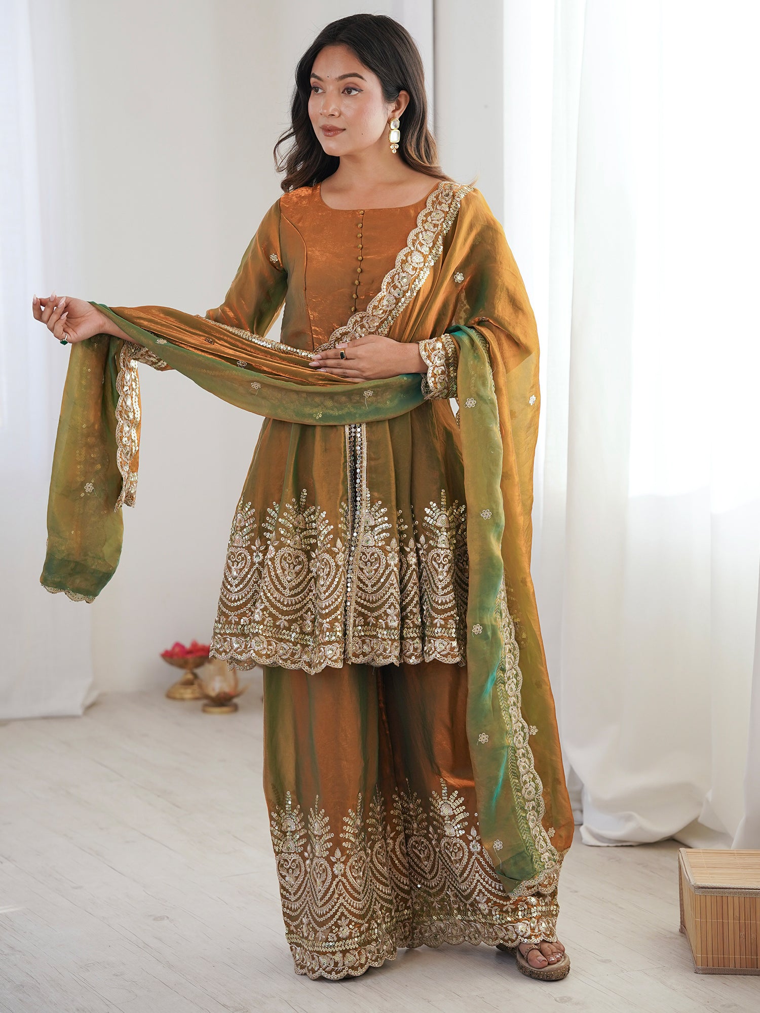 Brown Silk Salwar Suit With Flare Kameez