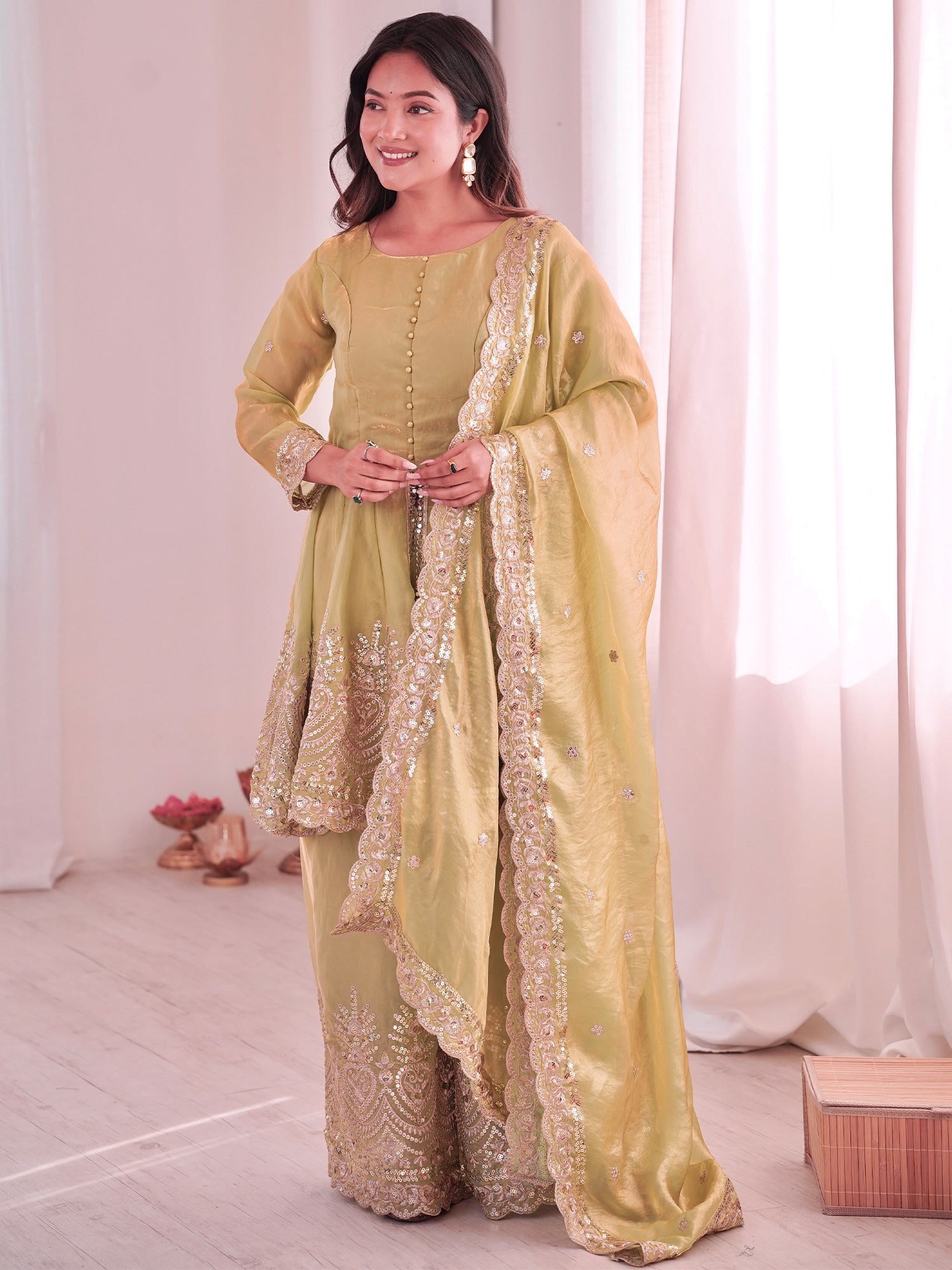Cream Readymade Pakistani Style Salwar Suit