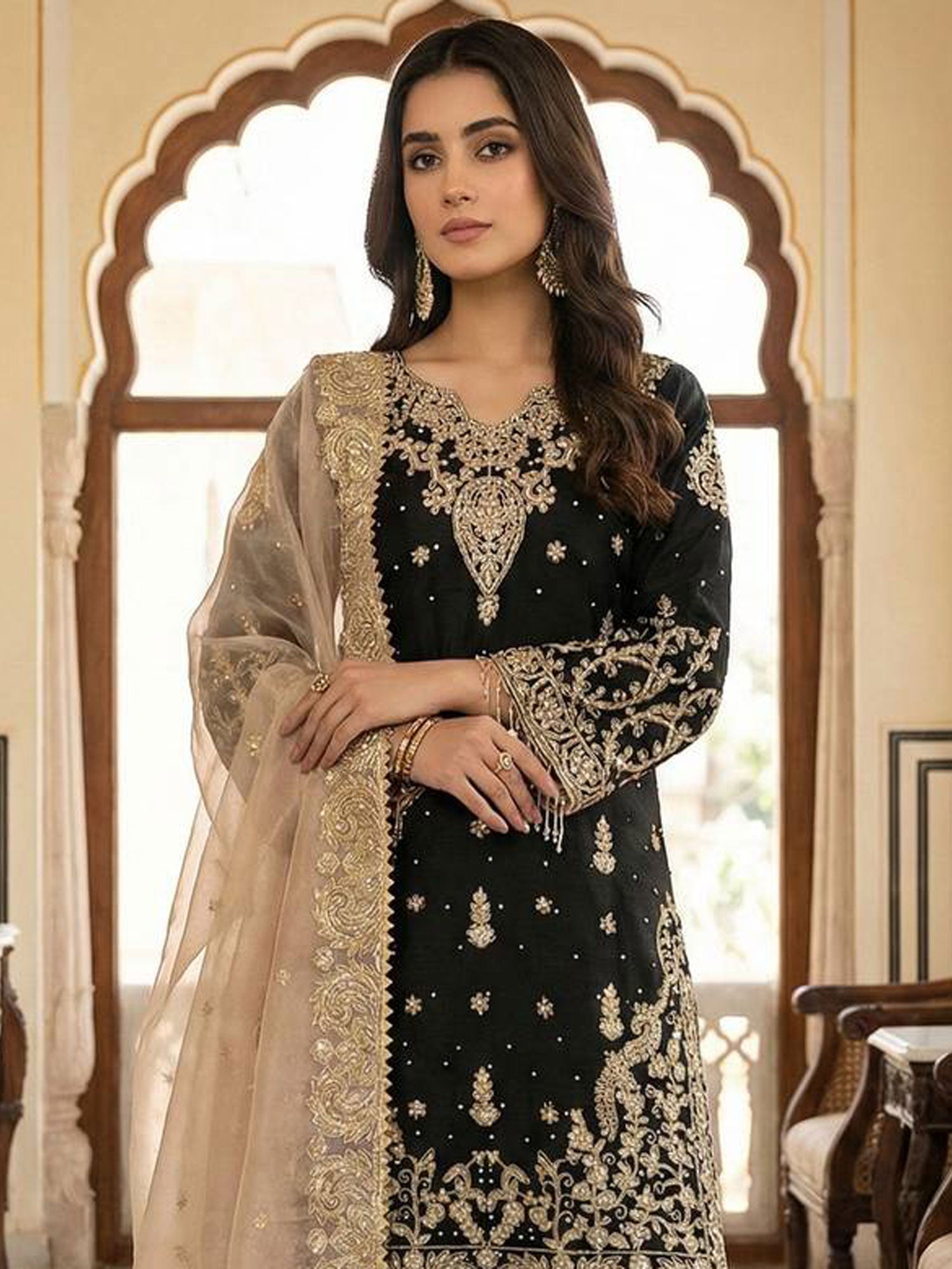 Black Pakistani Salwar Kameez In Stone Work