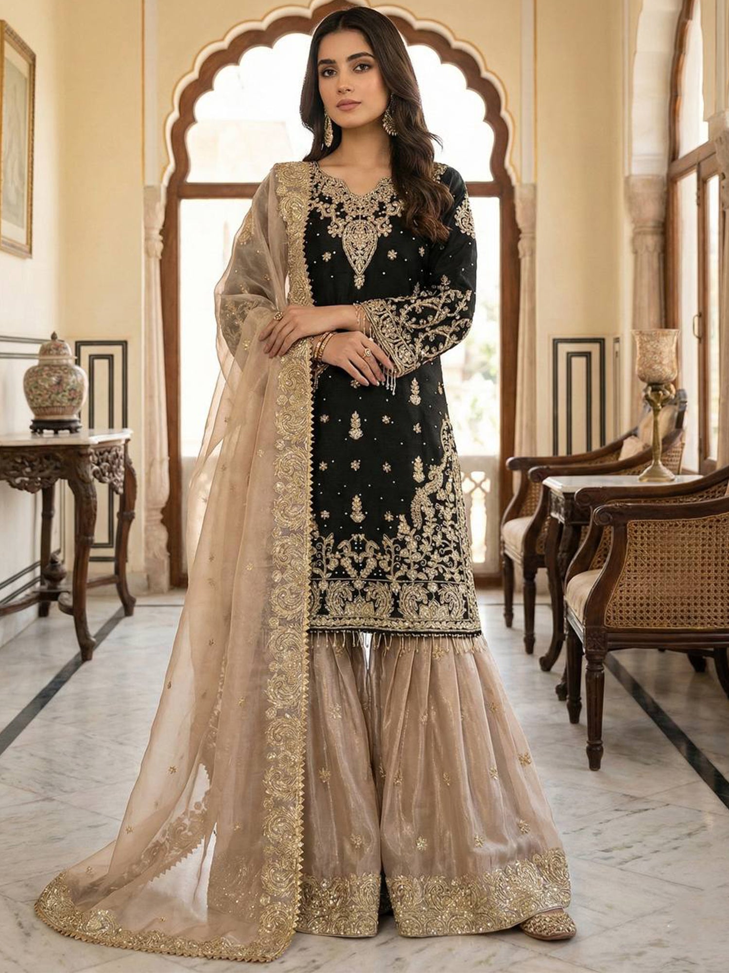 Black Pakistani Salwar Kameez In Stone Work