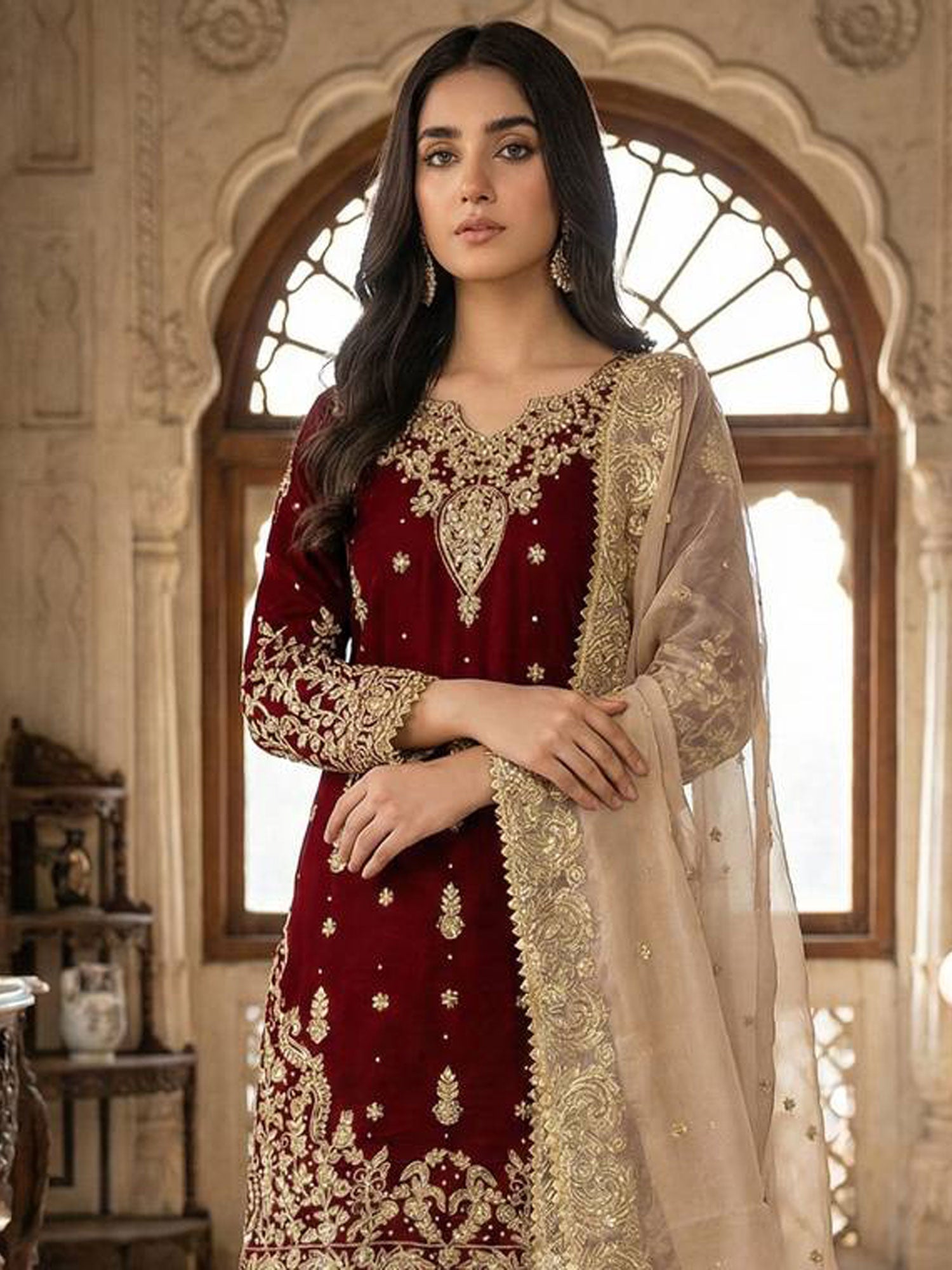 Maroon Heavy Embroidered Sharara Style Salwar Suit