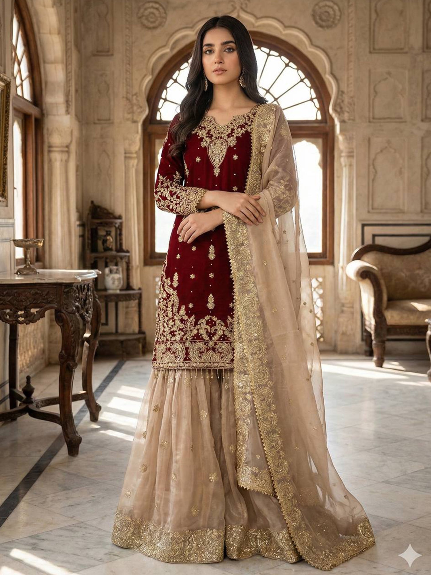 Maroon Heavy Embroidered Sharara Style Salwar Suit
