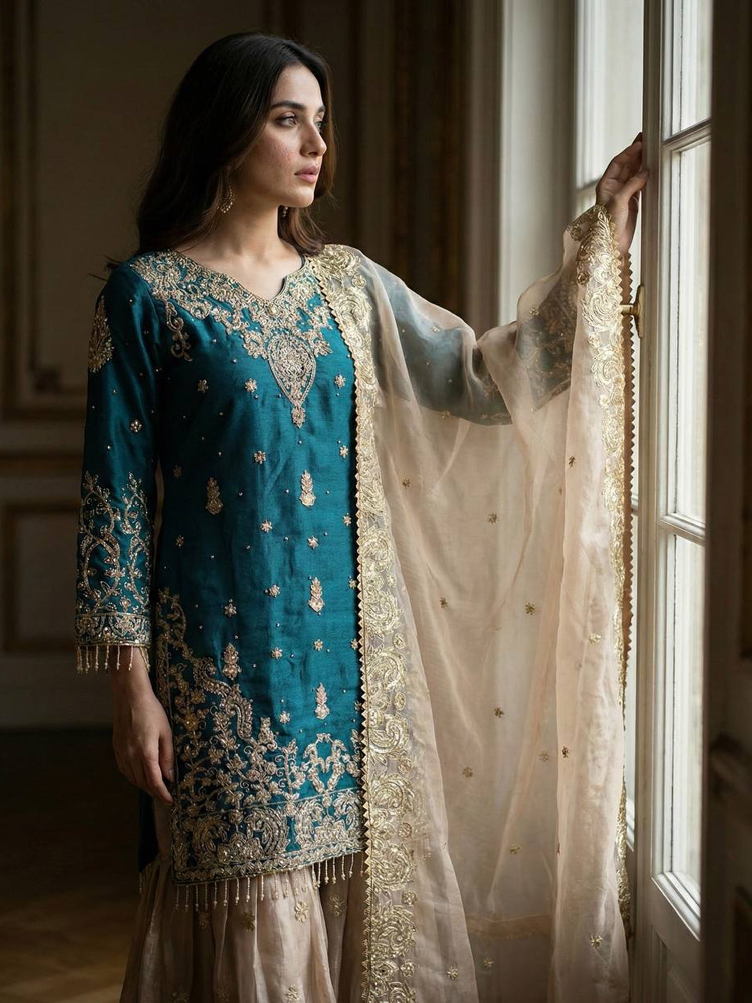 Teal Blue Silk Salwar Suit In Pakistani Style