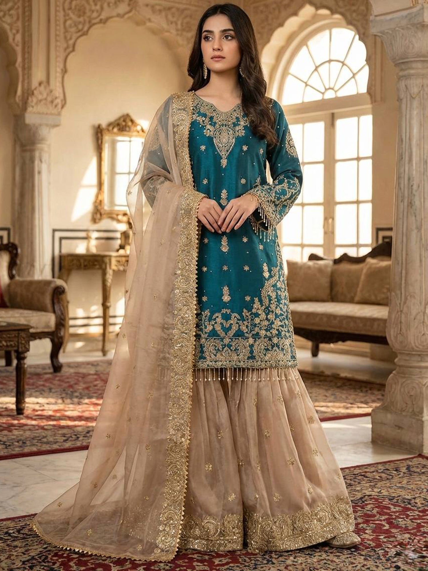 Teal Blue Silk Salwar Suit In Pakistani Style
