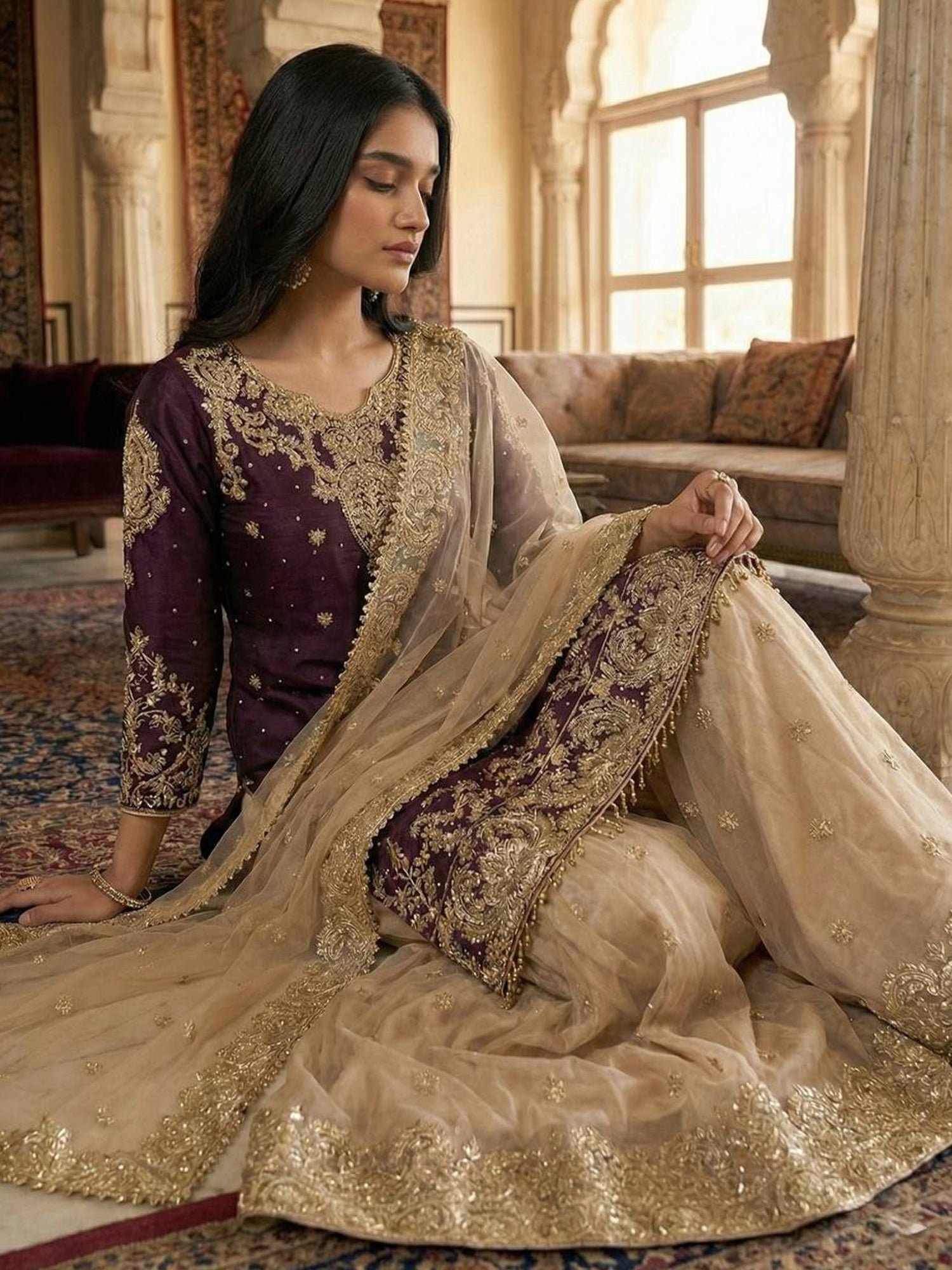 Wine Stone Work Embellished Salwar Kameez