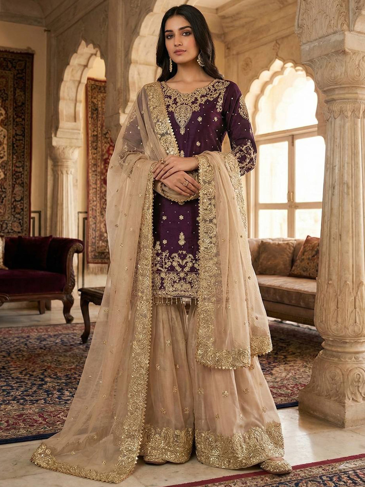 Wine Stone Work Embellished Salwar Kameez