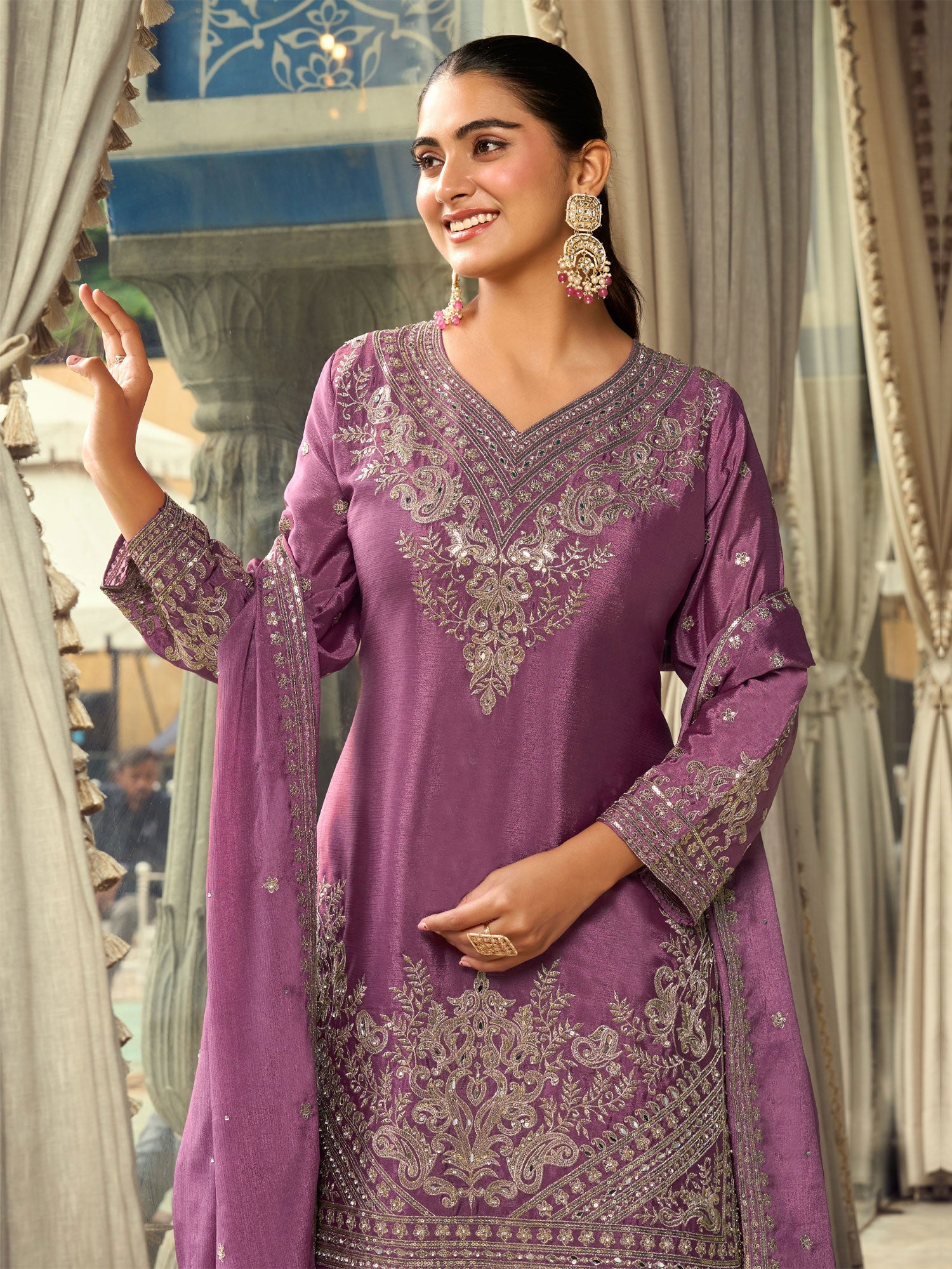 Purple Mirror Embellised Palazzo Style Salwar Suit