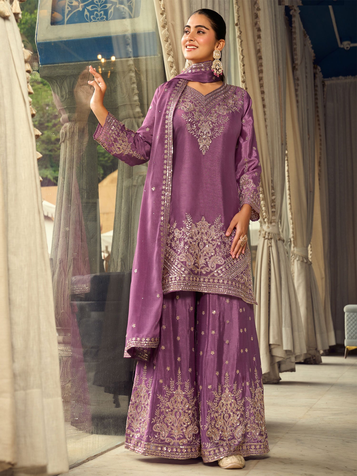 Purple Mirror Embellised Palazzo Style Salwar Suit