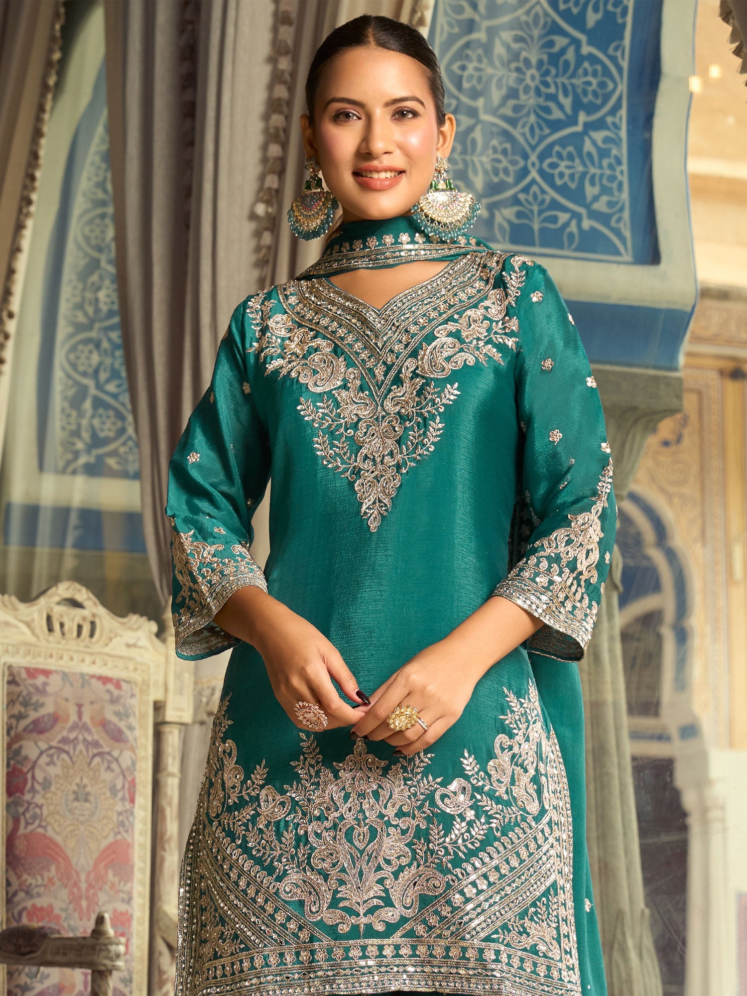 Rama Green Silver Zari Embroidered Palazzo Suit