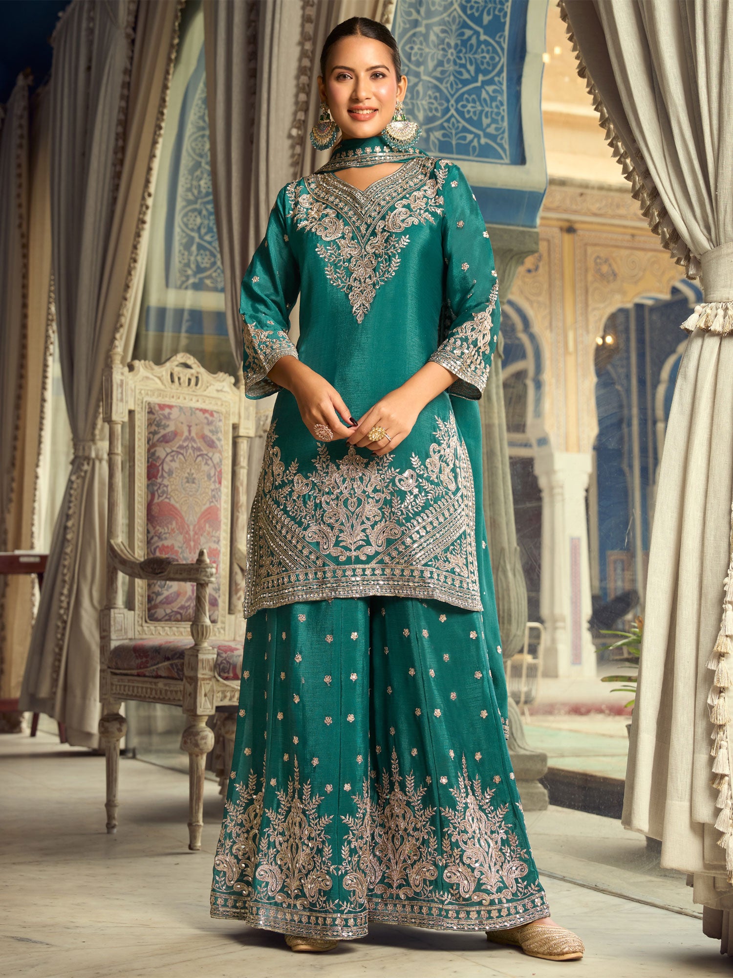 Rama Green Silver Zari Embroidered Palazzo Suit