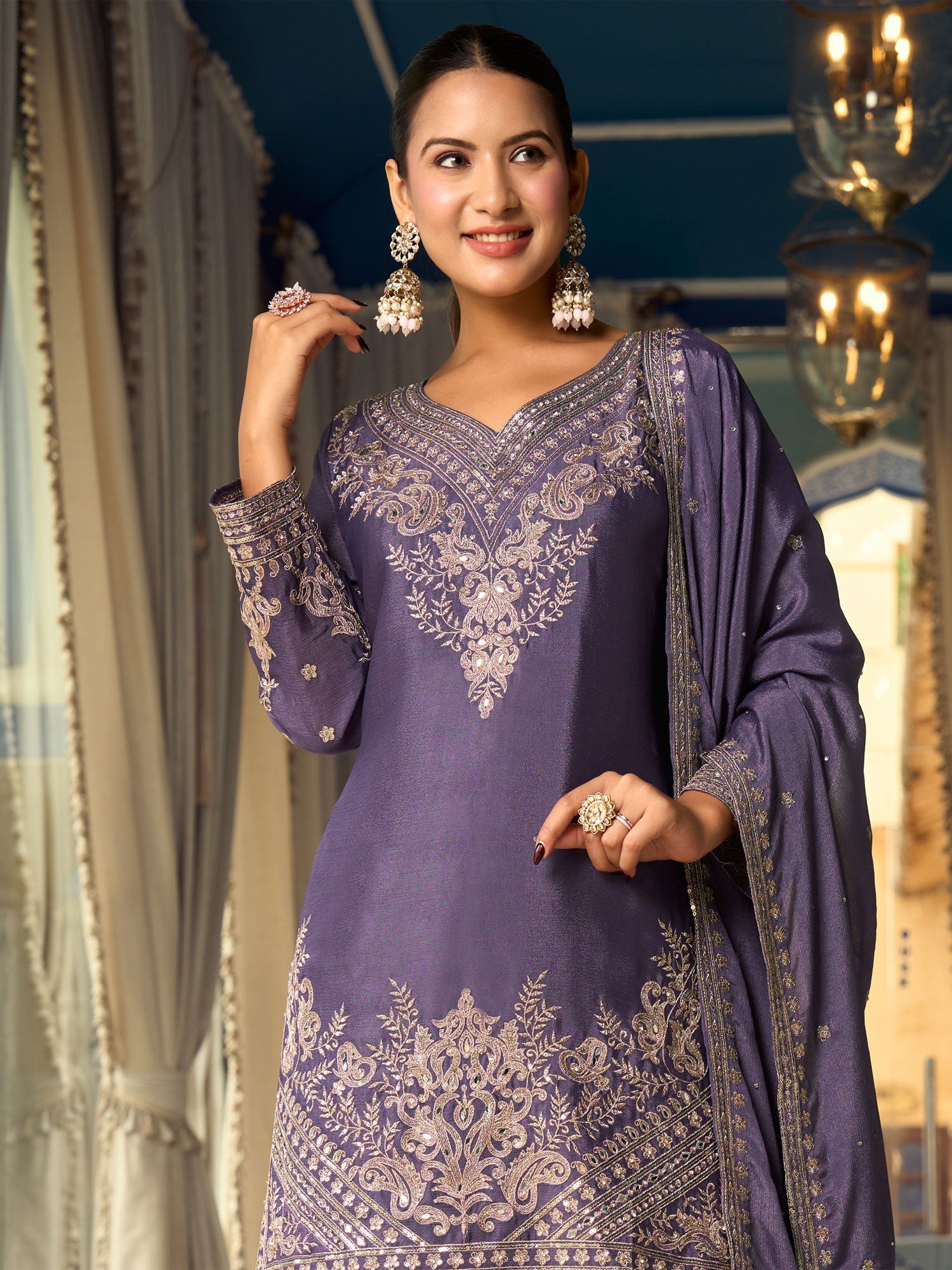 Blue Full Sleeved Salwar Suit In Palazzo Style