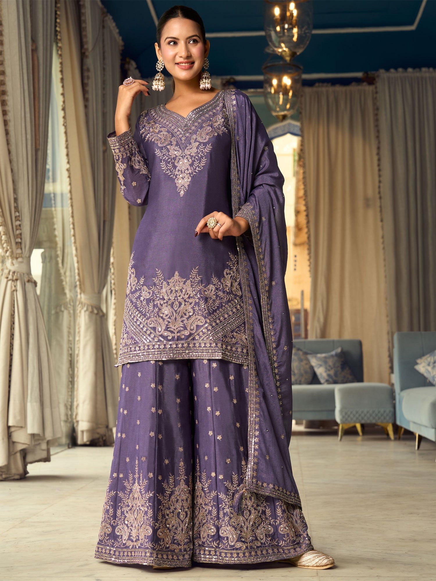 Blue Full Sleeved Salwar Suit In Palazzo Style