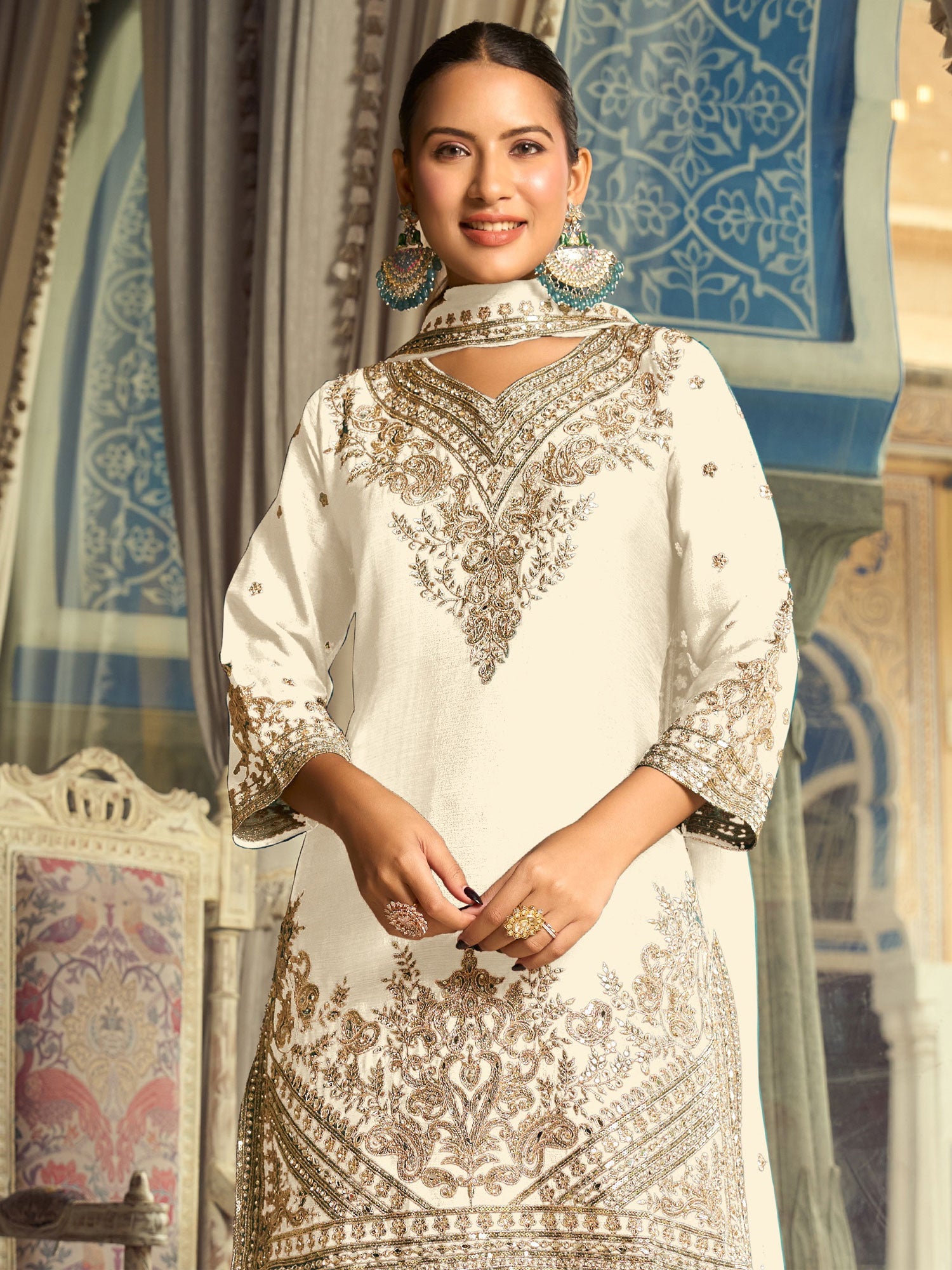 Off White Embroidered Salwar Suit In Chinon Silk