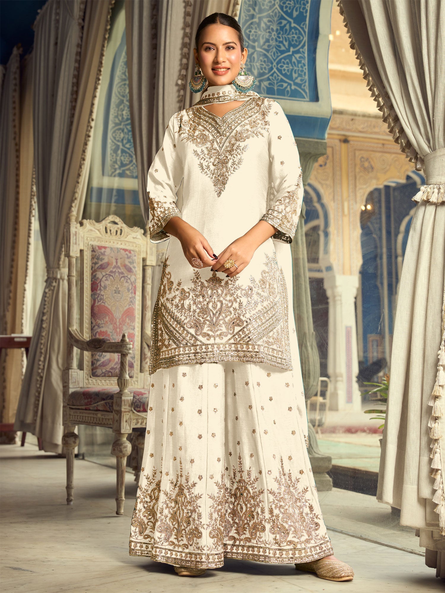 Off White Embroidered Salwar Suit In Chinon Silk