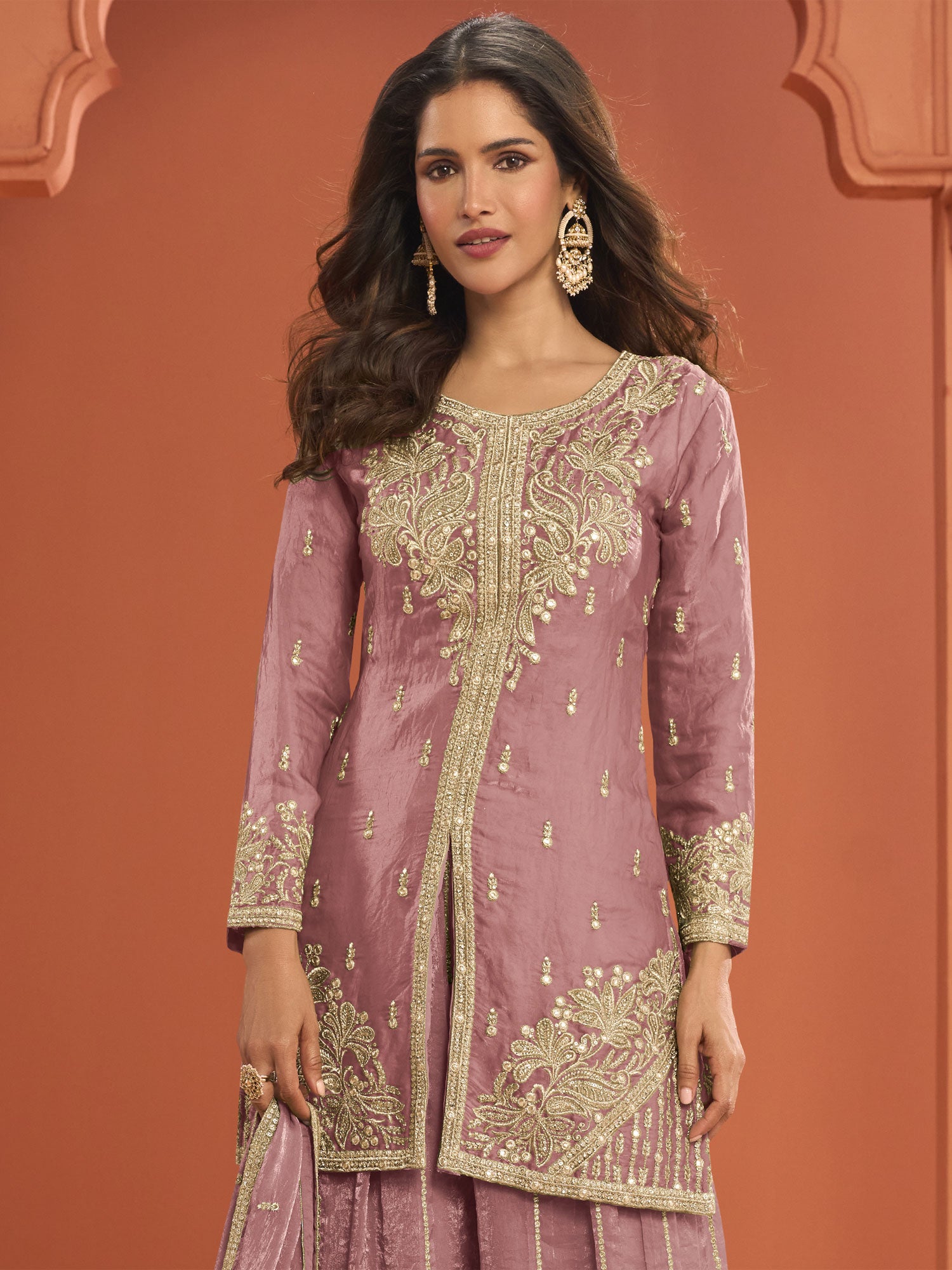 Dusty Pink Full Sleeved Embroidered Palazzo Suit