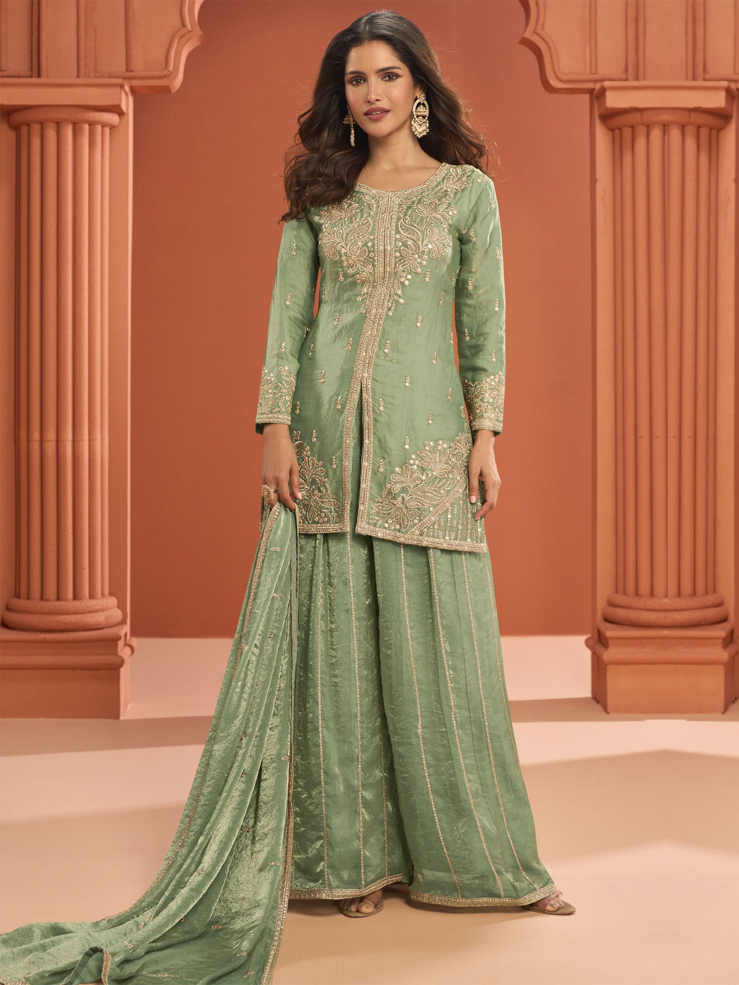 Pista Green Zari Embroidered Salwar Suit