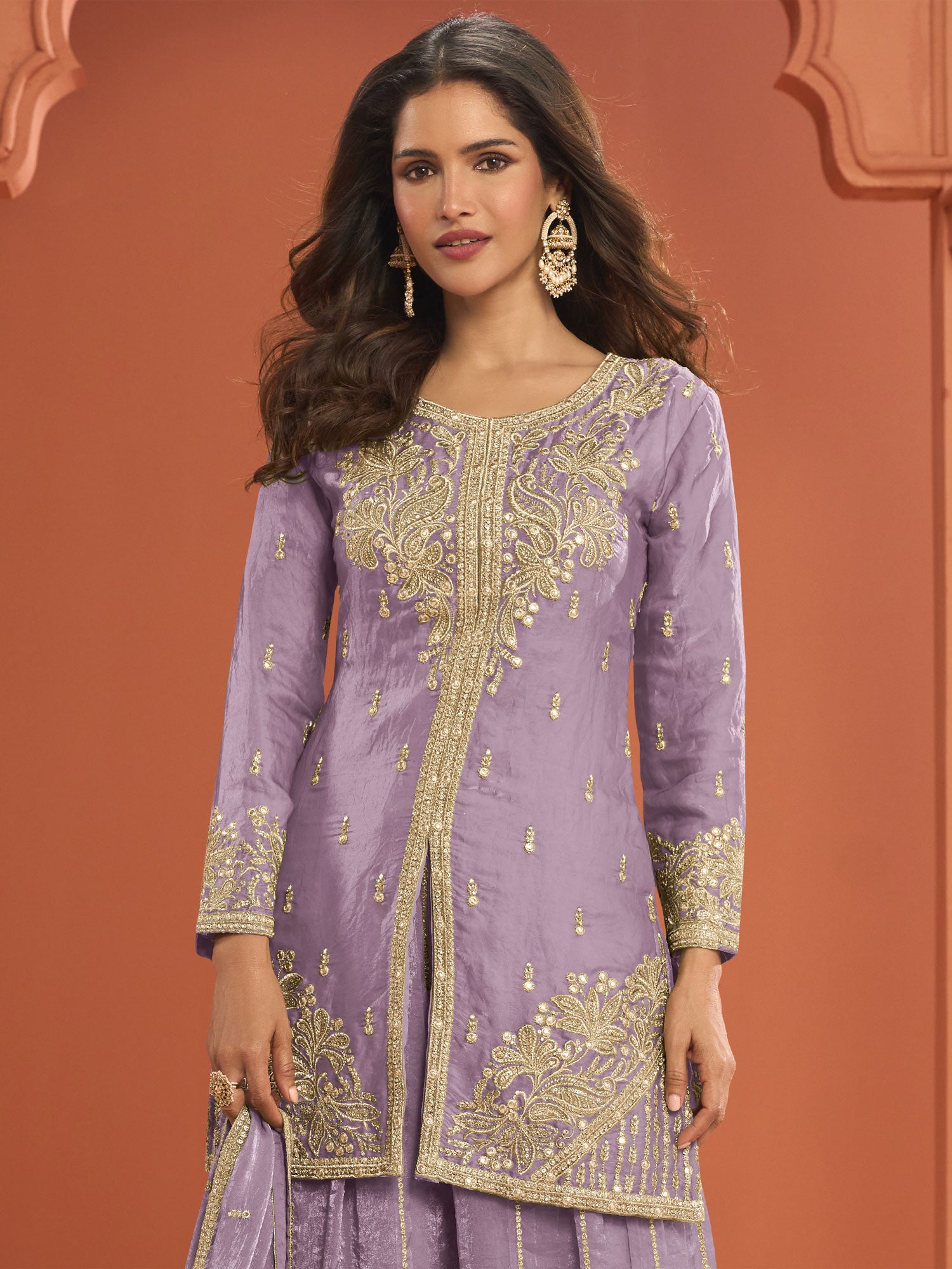 Lavender Purple Sequins Work Palazzo Suit Set