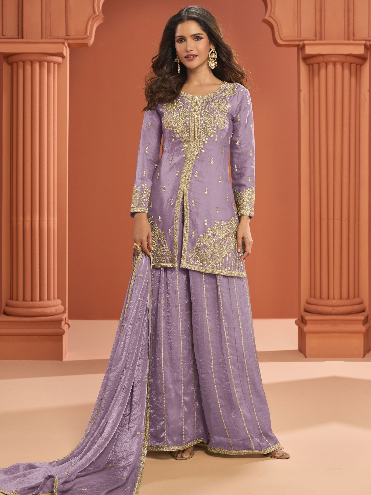 Lavender Purple Sequins Work Palazzo Suit Set