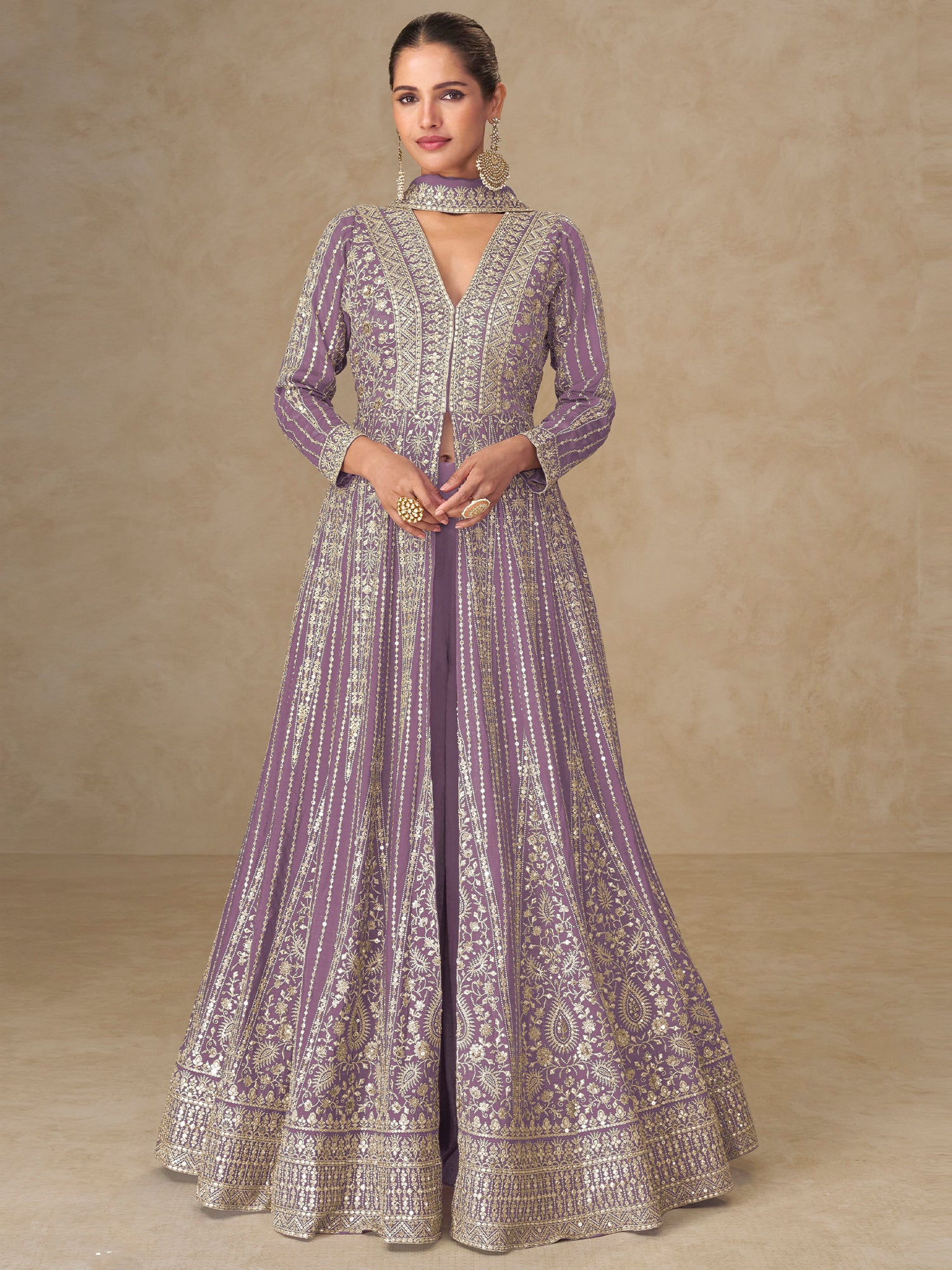 Purple Chinon Silk Salwar Suit With Flare Kameez
