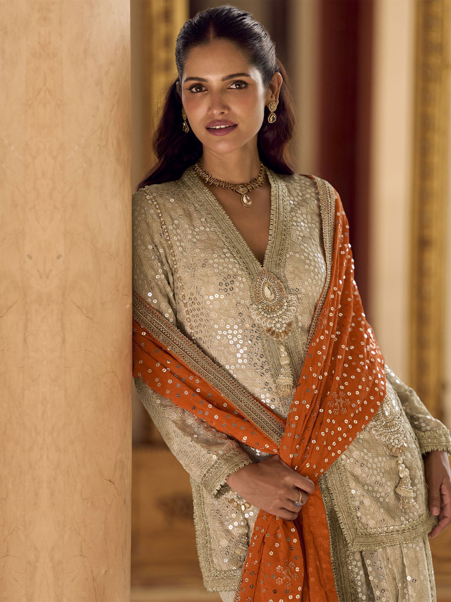 Cream Moti Work Embroidered Salwar Suit