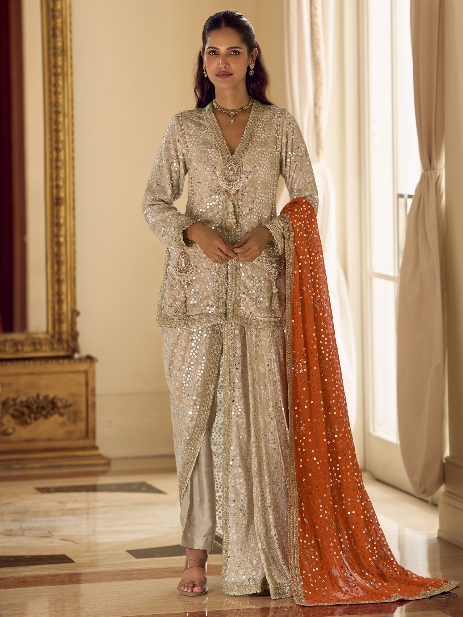 Cream Moti Work Embroidered Salwar Suit