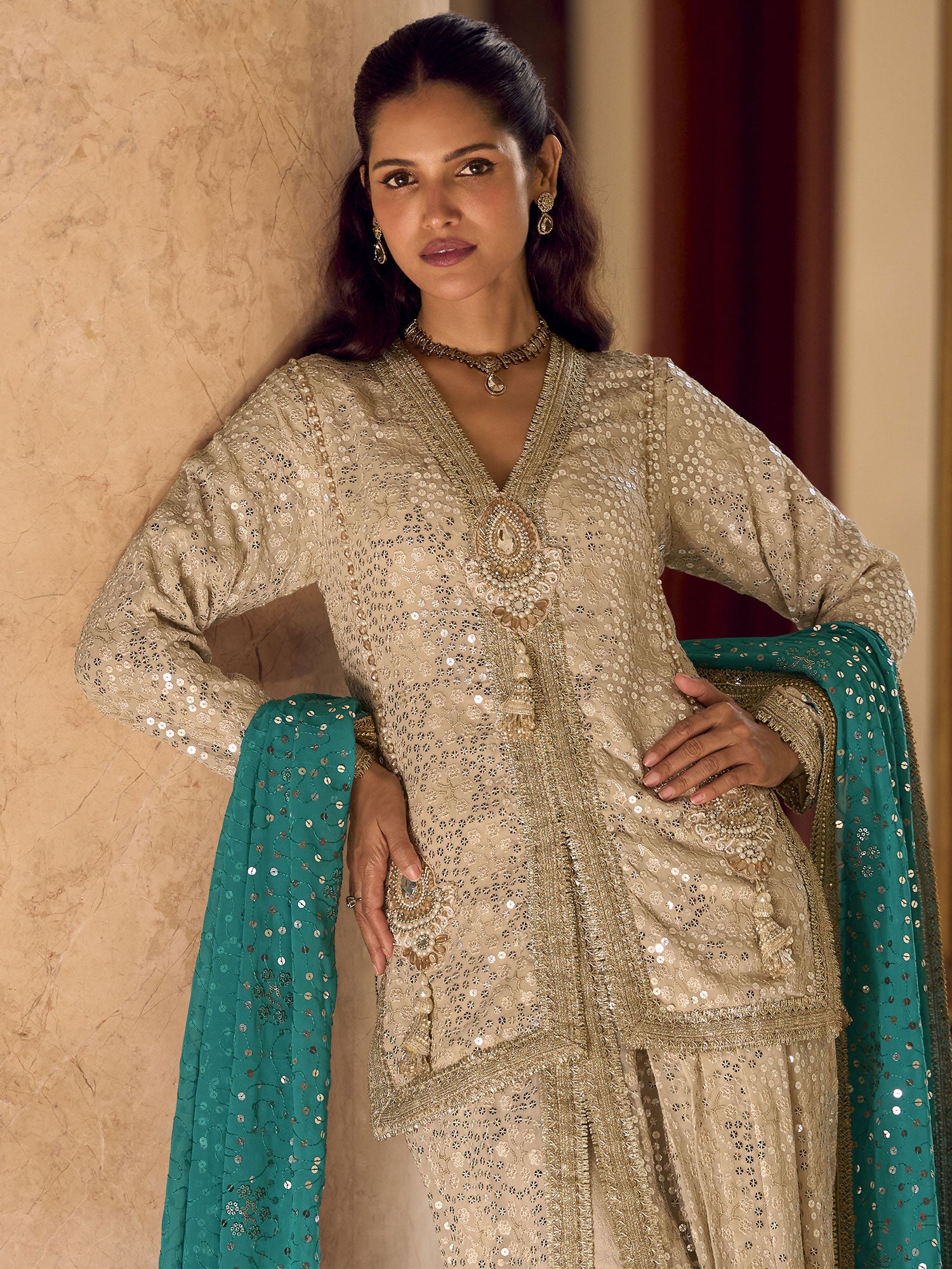 Cream Full Sleeved Sawar Suit In Georgette