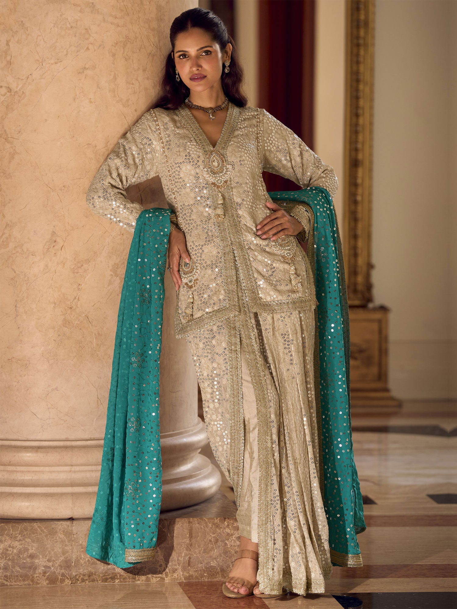 Cream Full Sleeved Sawar Suit In Georgette