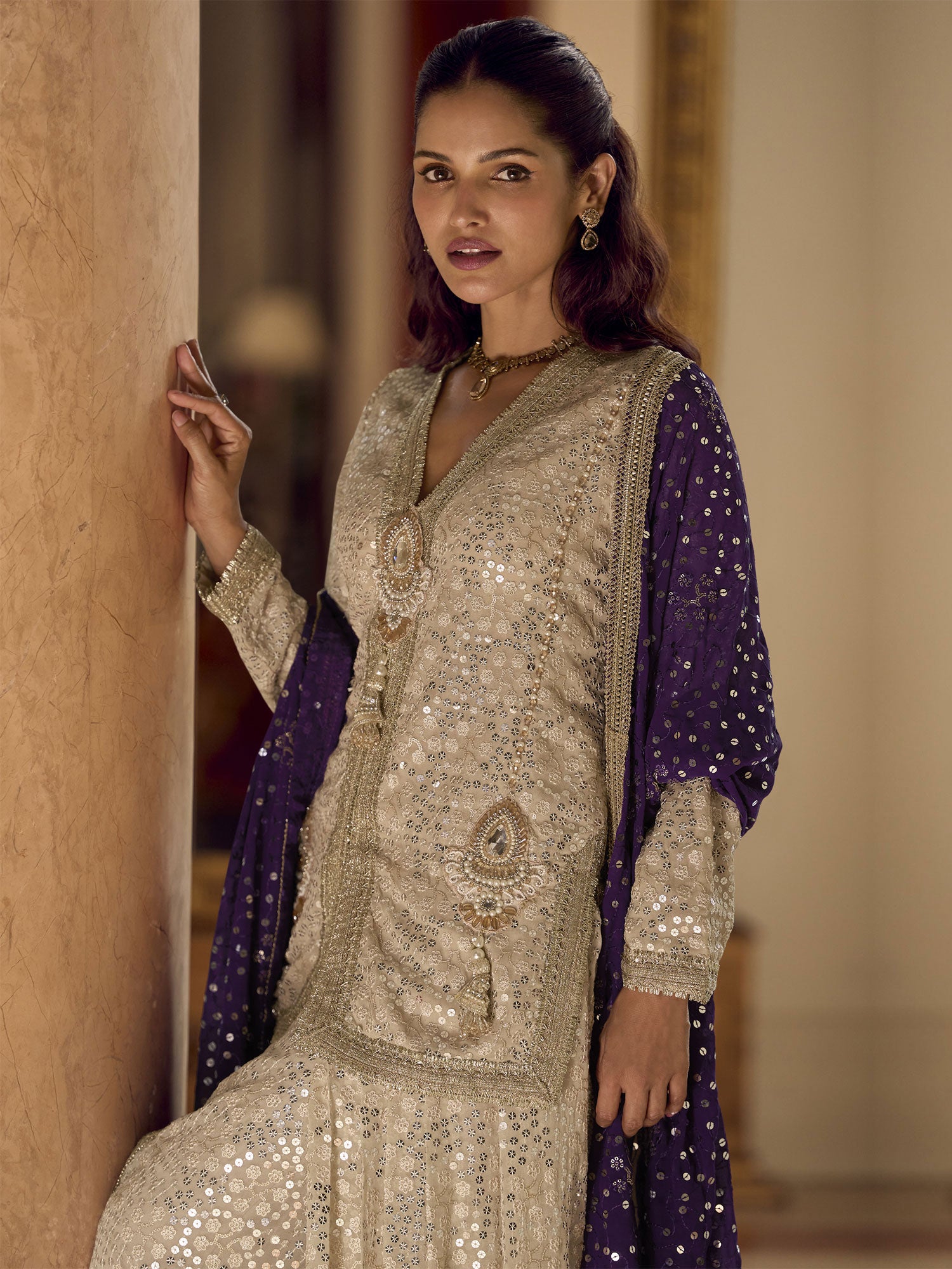 Cream Georgette Salwar Suit In Hand Work