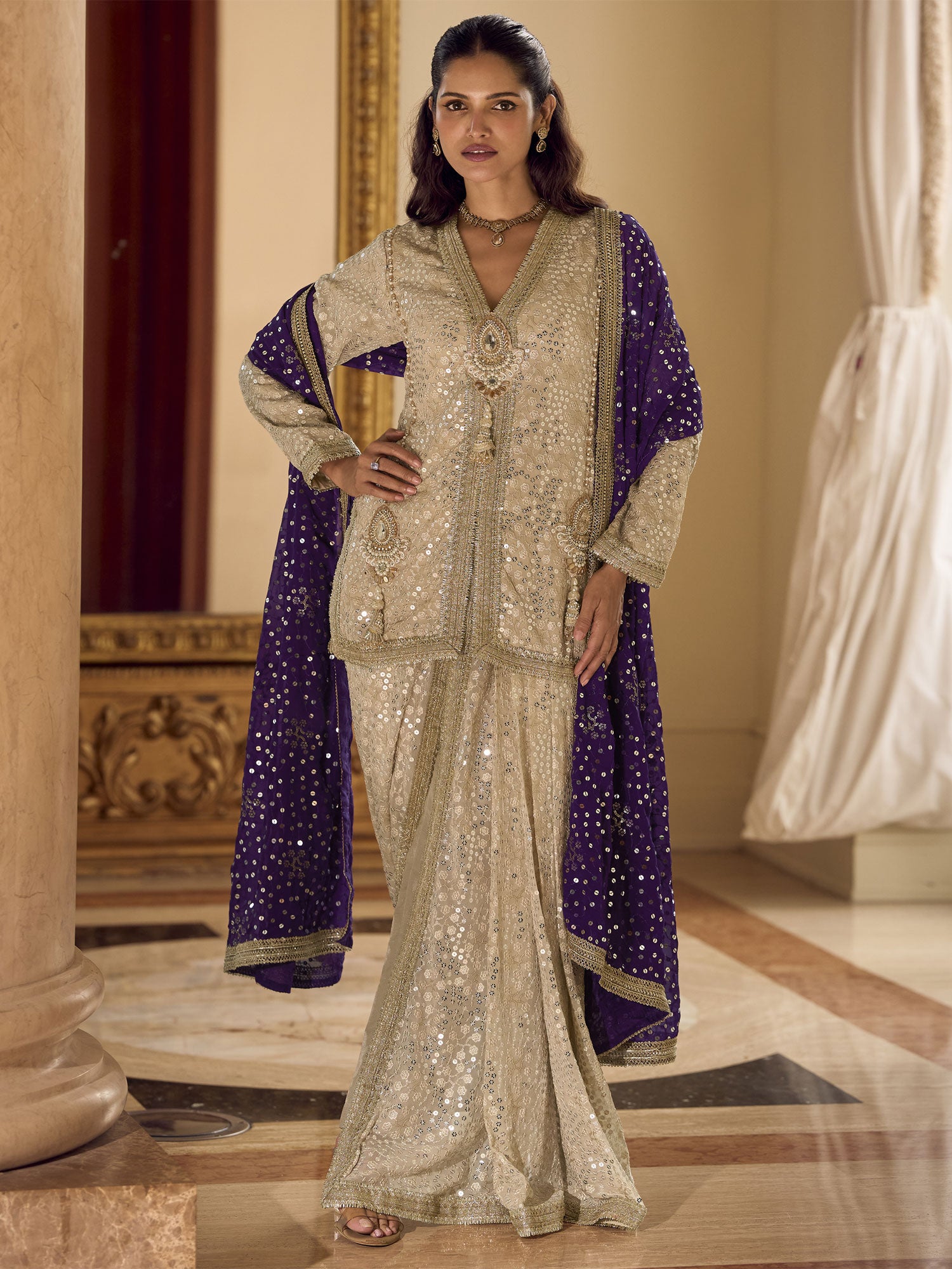Cream Georgette Salwar Suit In Hand Work